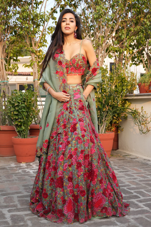 Bahaar Rohatgi In Sage Green Tulle Embroidered Lehenga Set