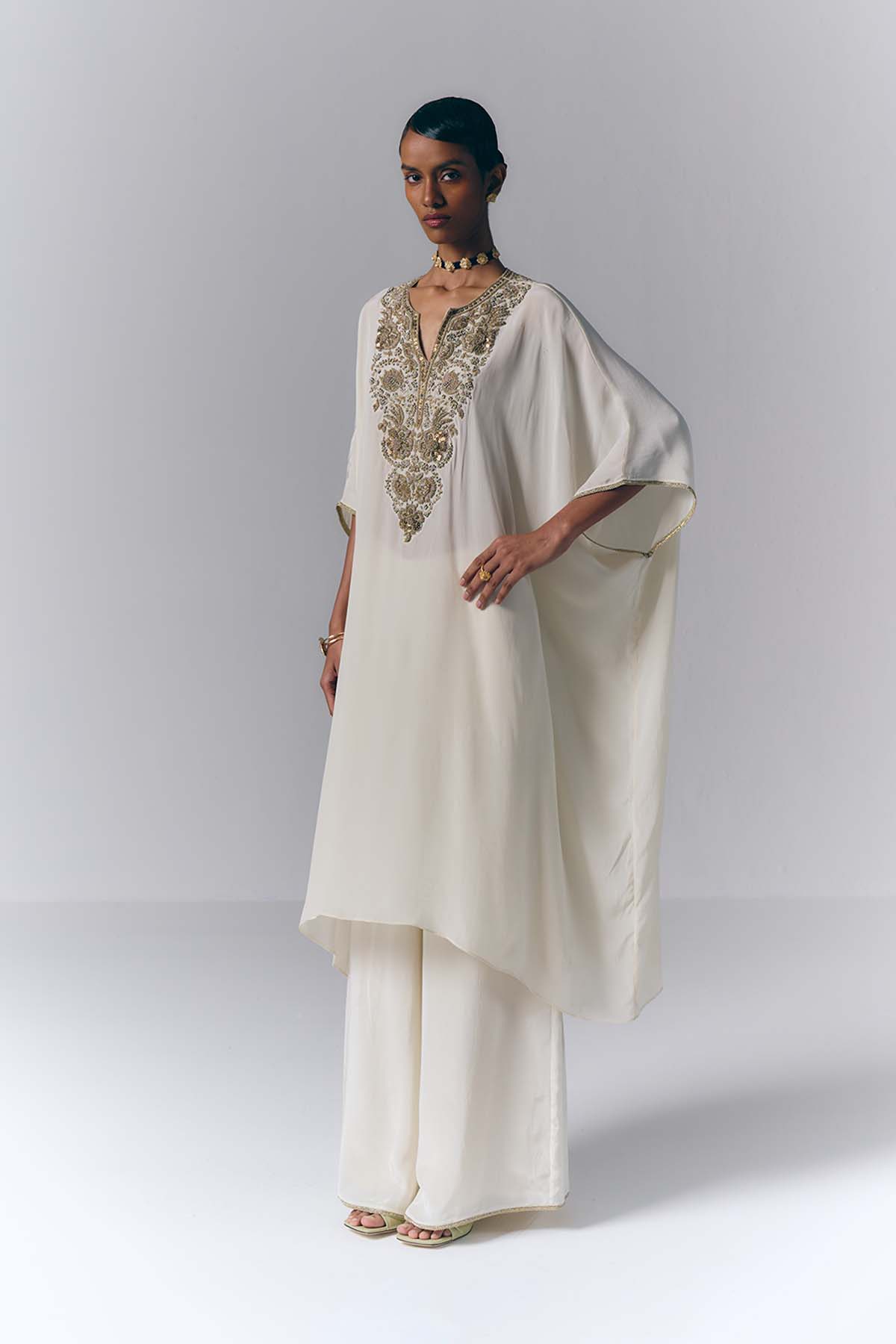 Ivory Embroidered Kaftan Set