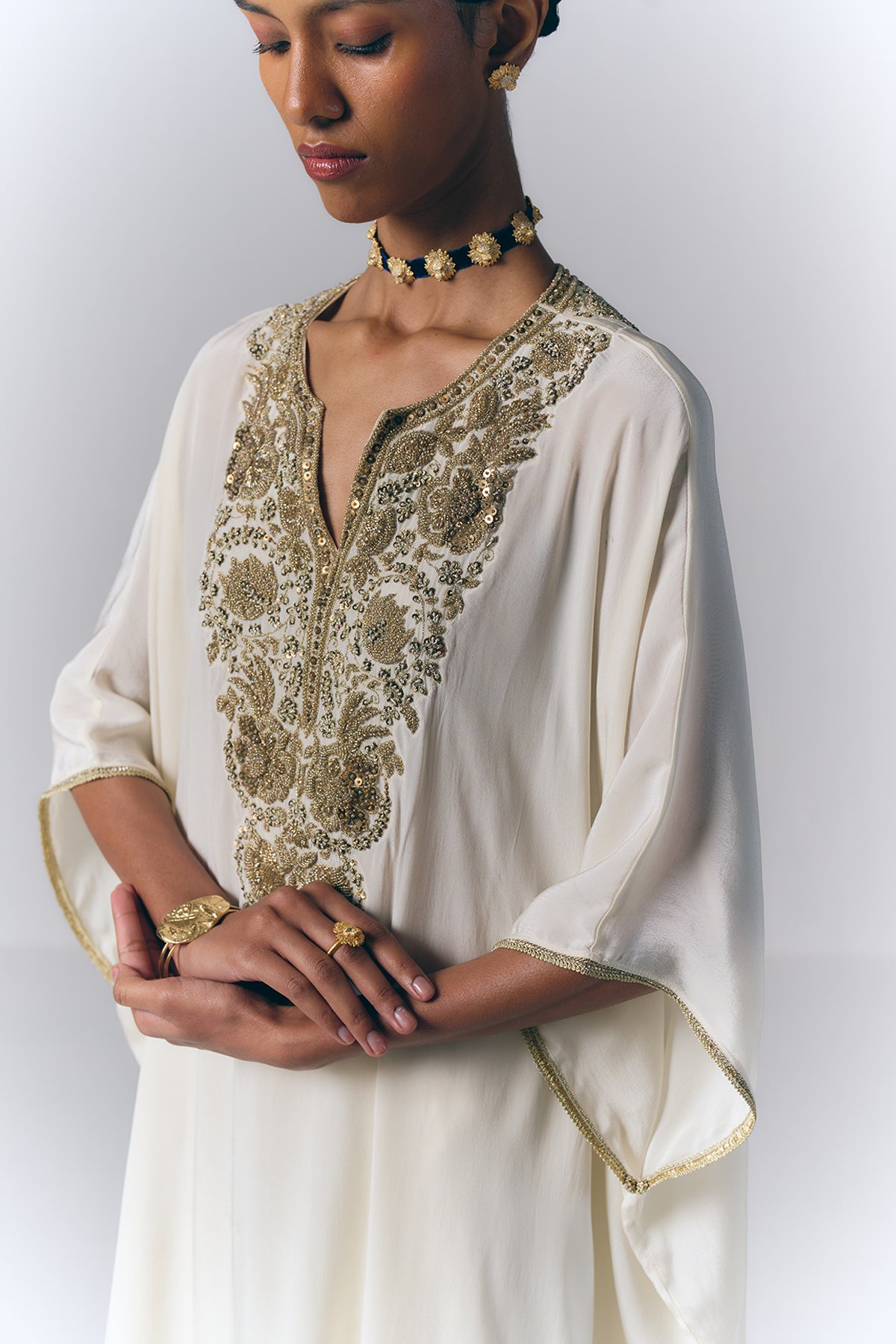 Ivory Embroidered Kaftan Set