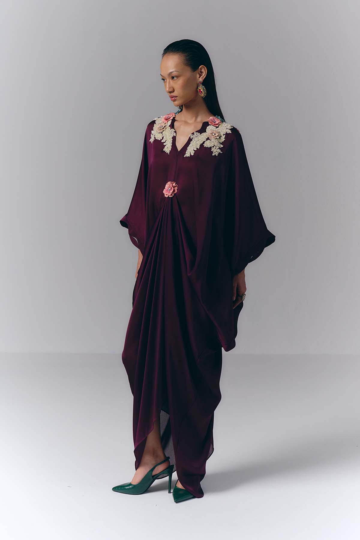 Pink Embroidered Draped Kaftan
