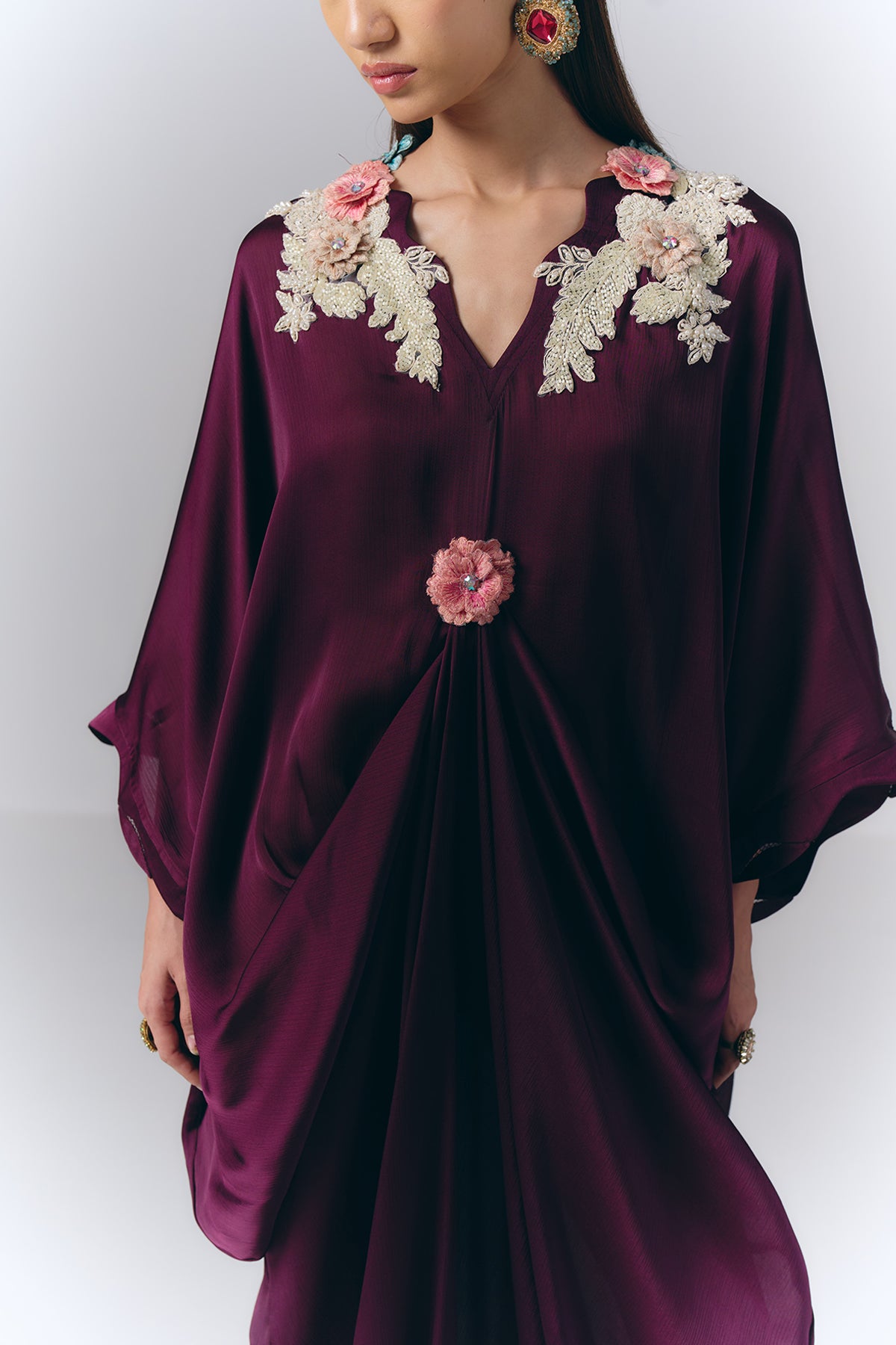 Pink Embroidered Draped Kaftan