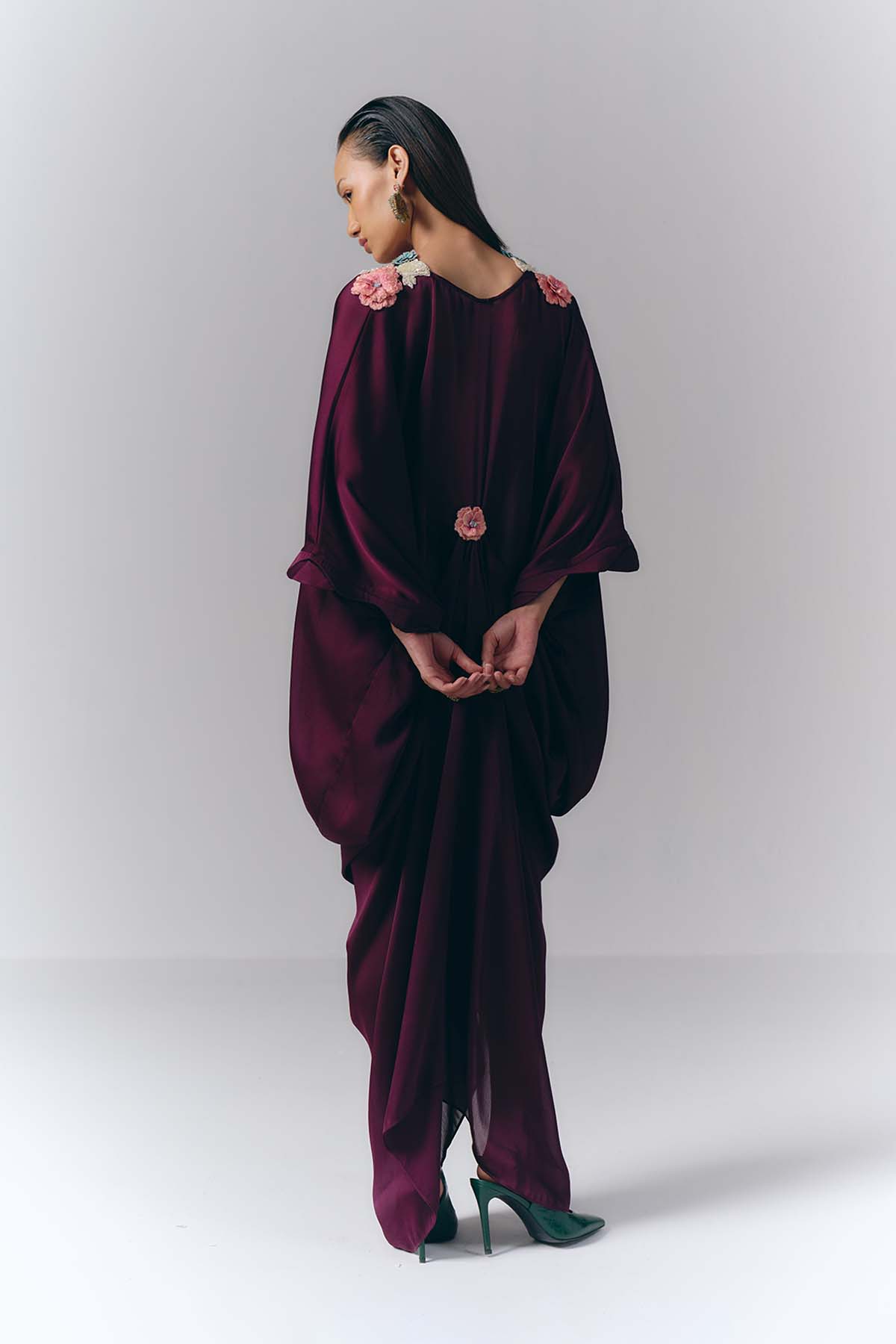 Pink Embroidered Draped Kaftan