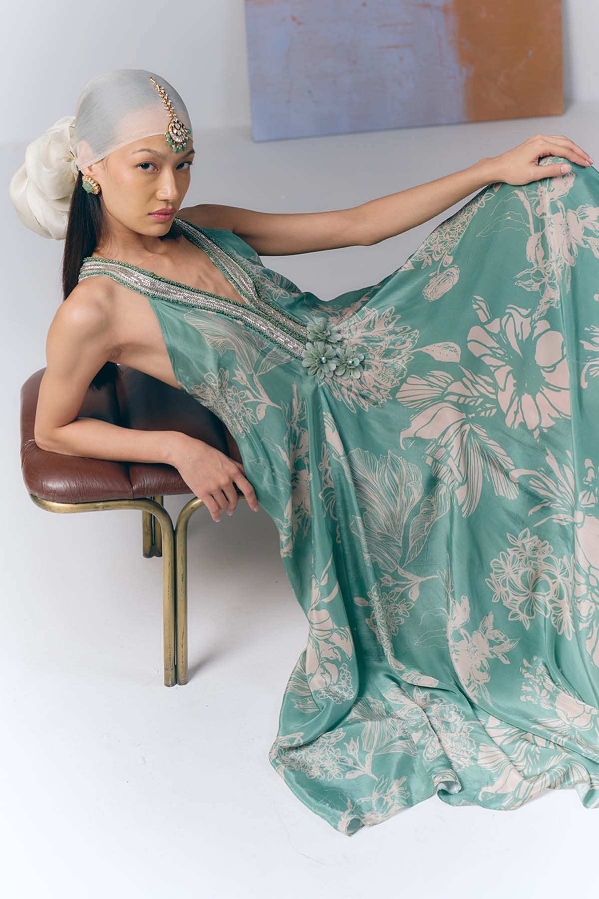 Aqua Whisper printed Long Dress