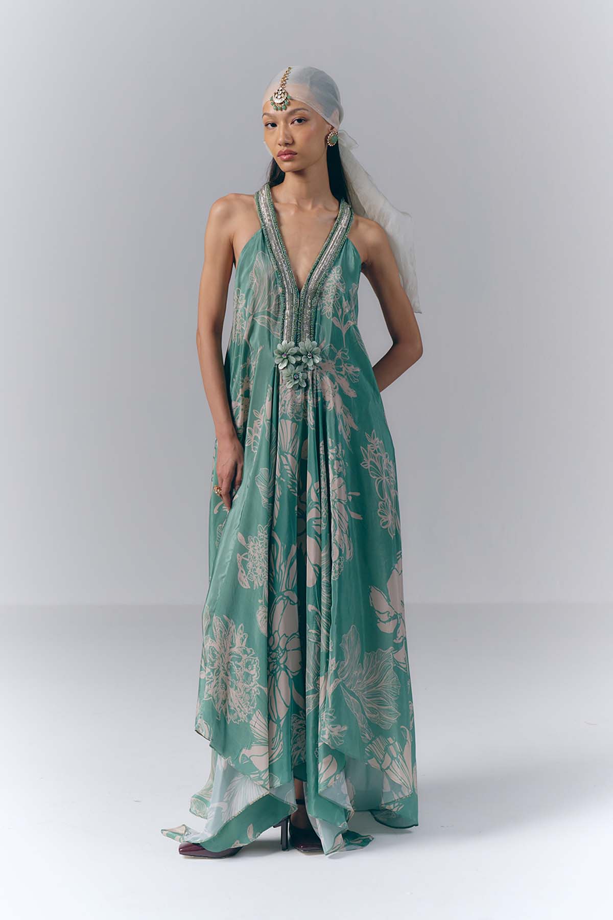 Aqua Whisper printed Long Dress