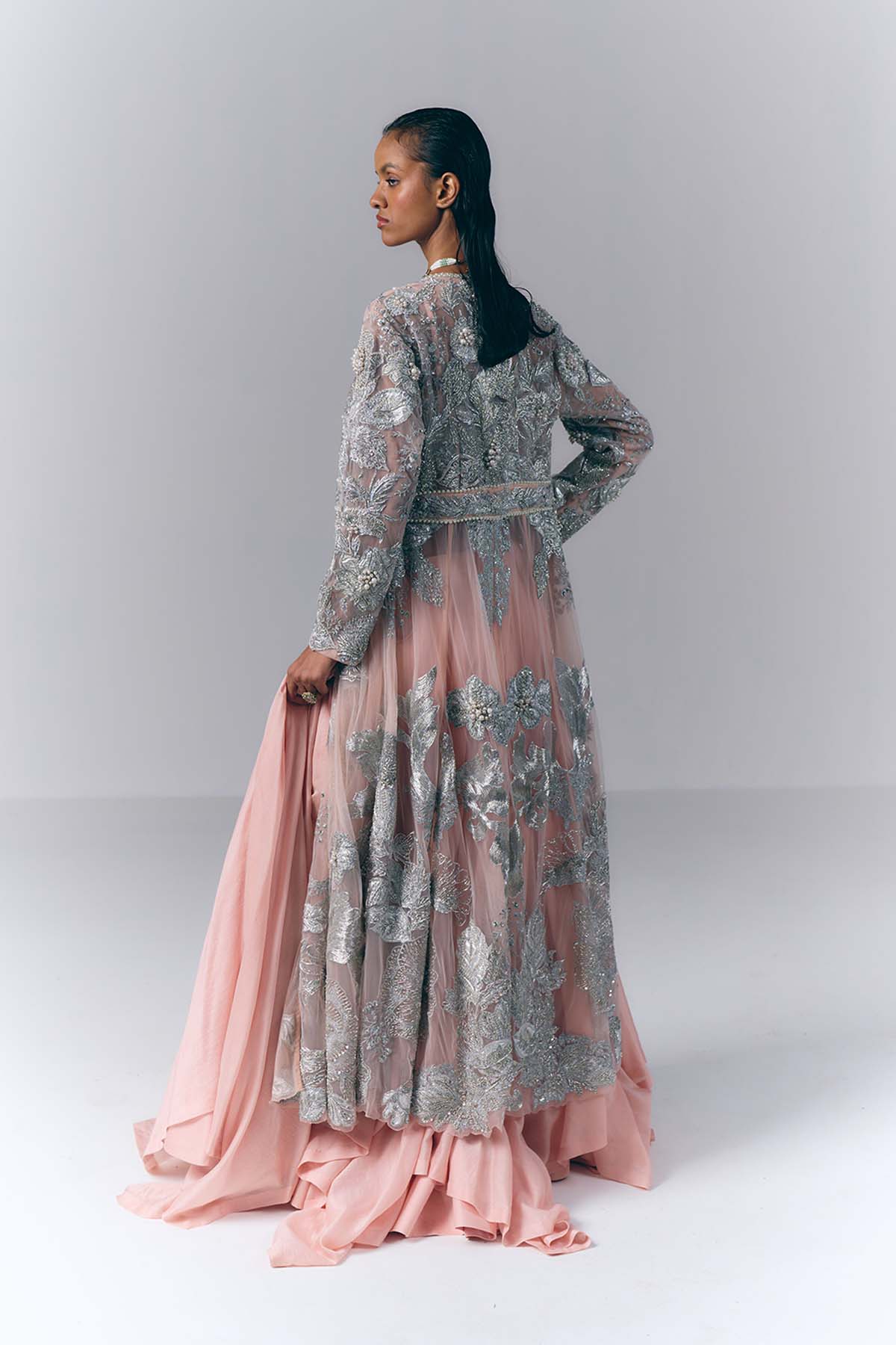 Peach Embellished Long Jacket Set