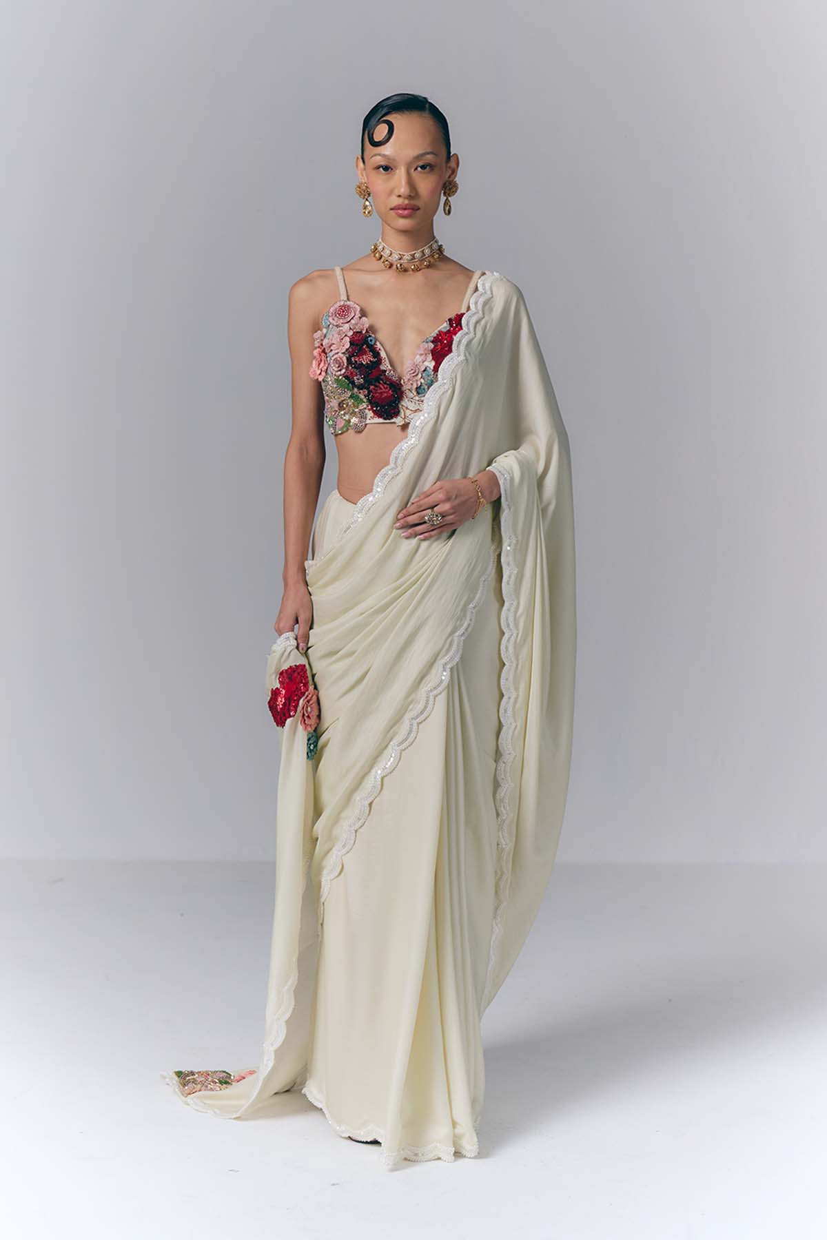 Ivory Blossom Drape Saree Set