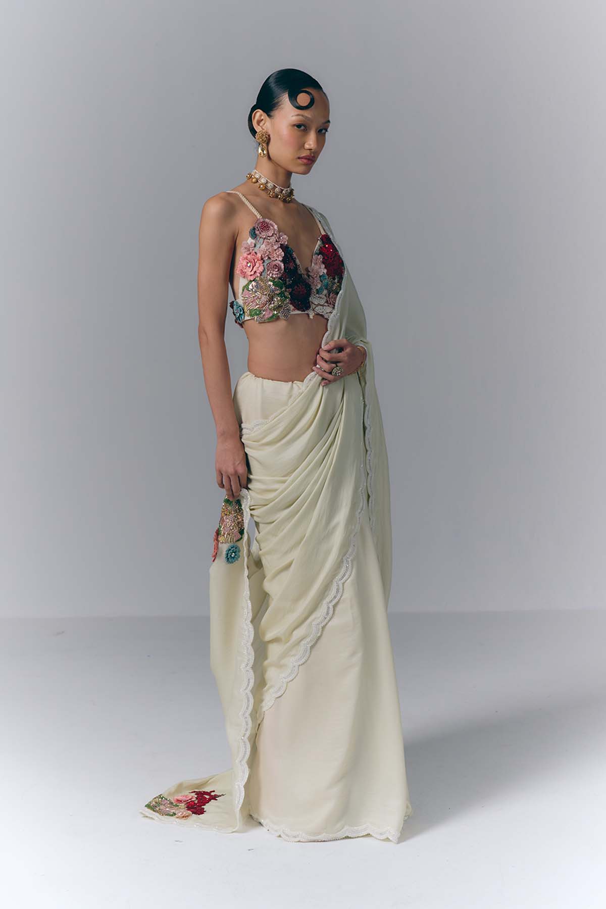 Ivory Blossom Drape Saree Set