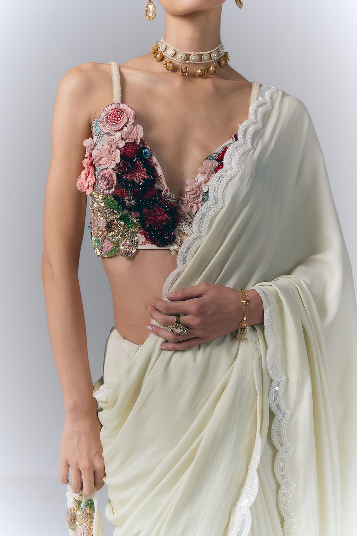 Ivory Blossom Drape Saree Set