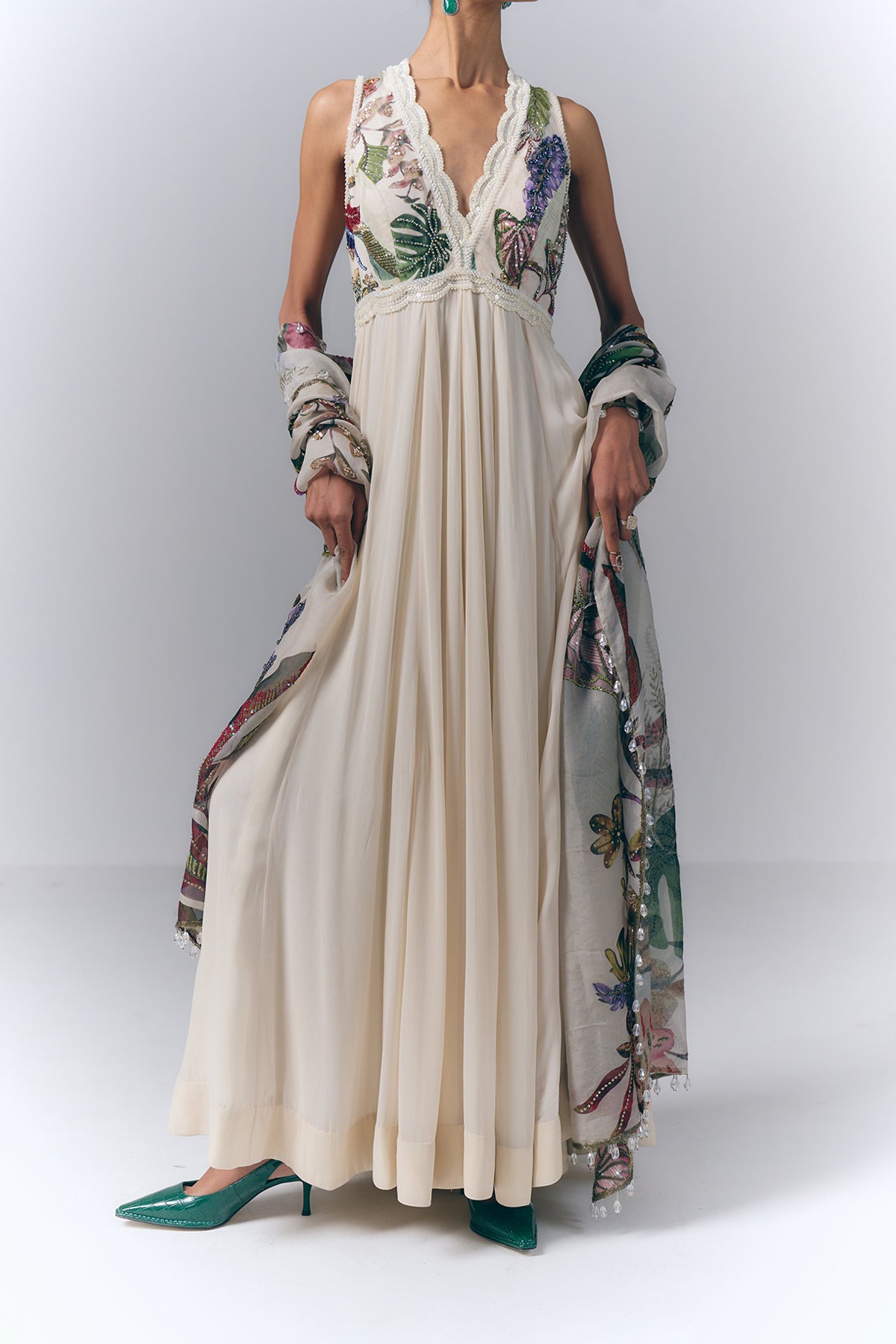 Ivory Botanical Embroidered Anarkali Set