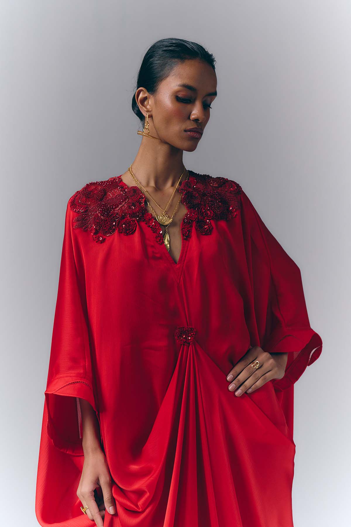Crimson Draped Kaftan