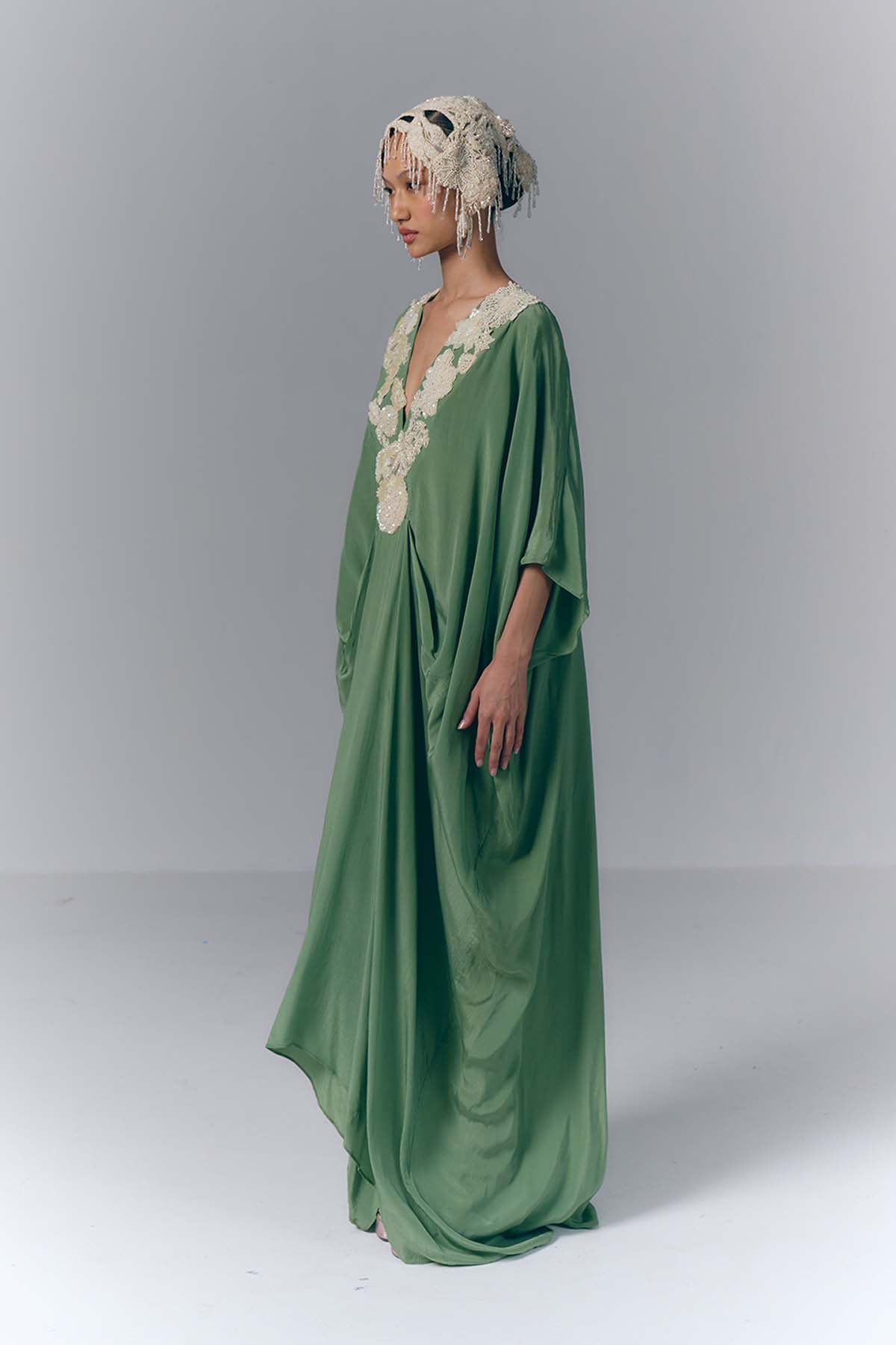 Sage Green Embroidered Draped Kaftan