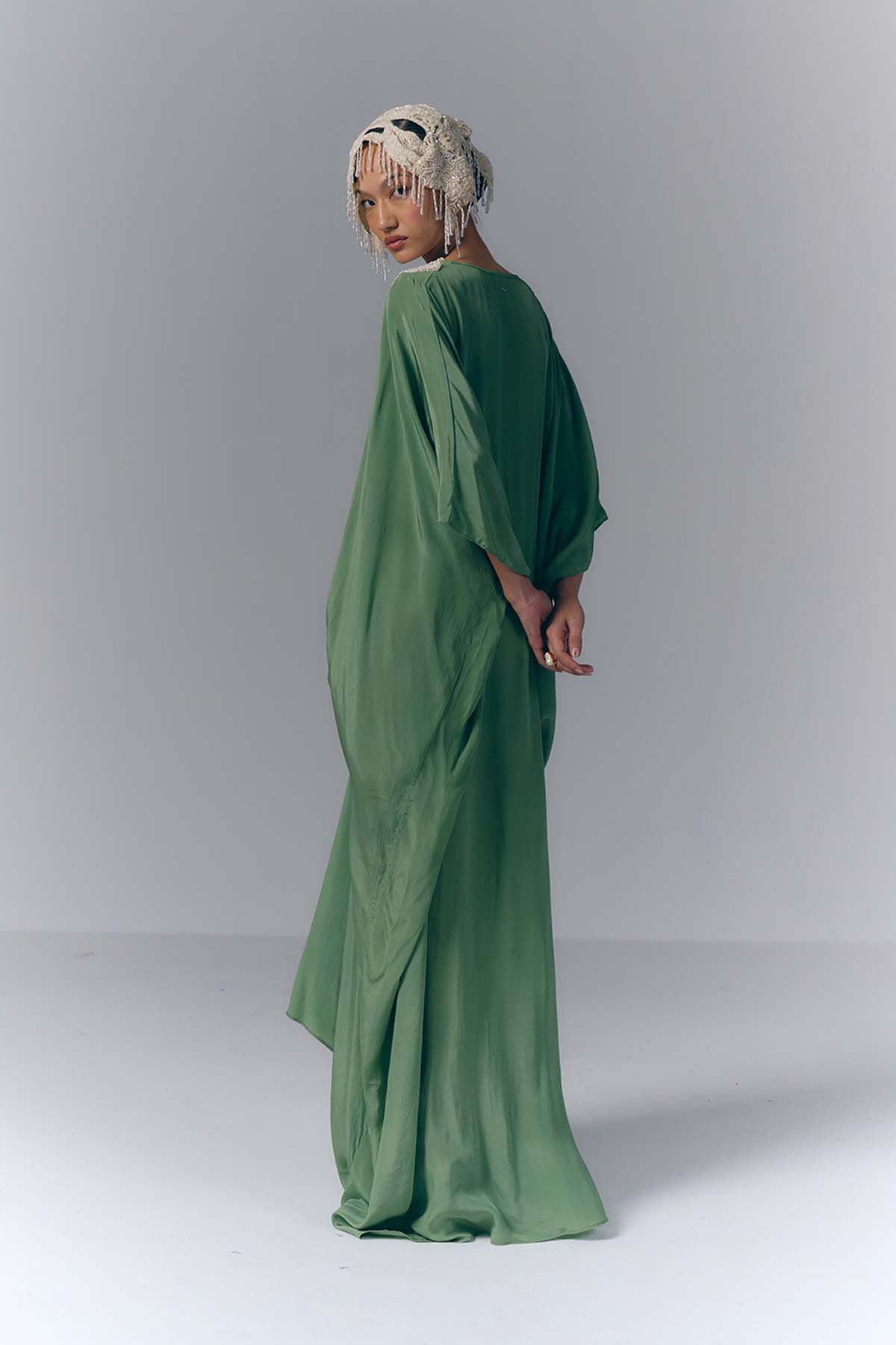 Sage Green Embroidered Draped Kaftan