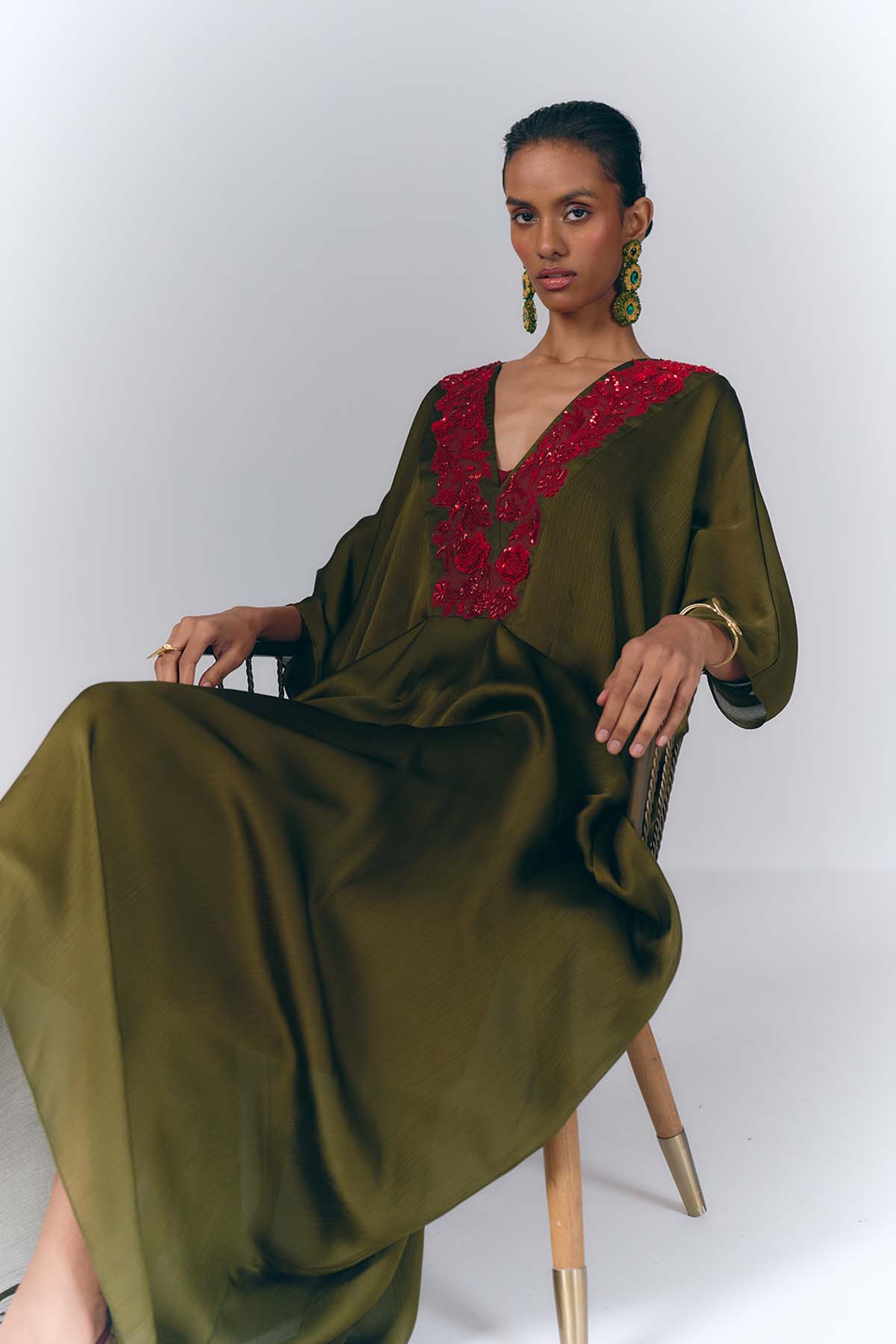 Green Embroidered Draped Kaftan