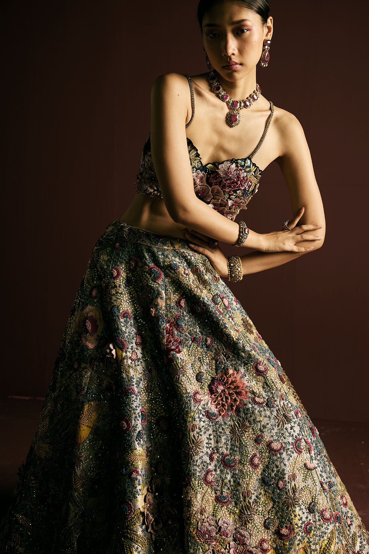 BLUE SILK BROCADE LEHENGA SET
