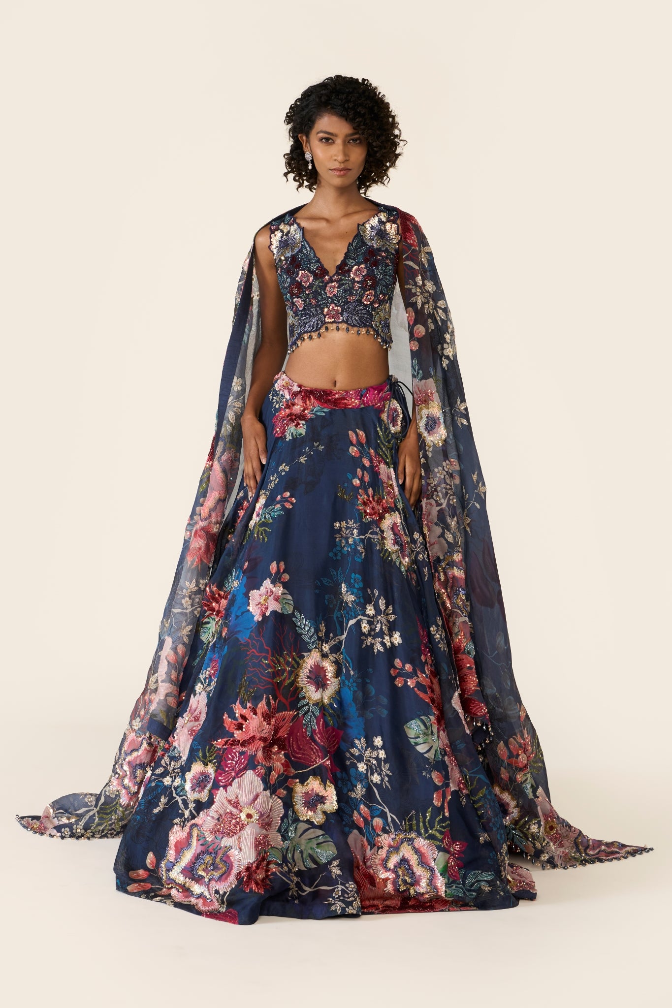Blue Printed Organza Lehenga Set