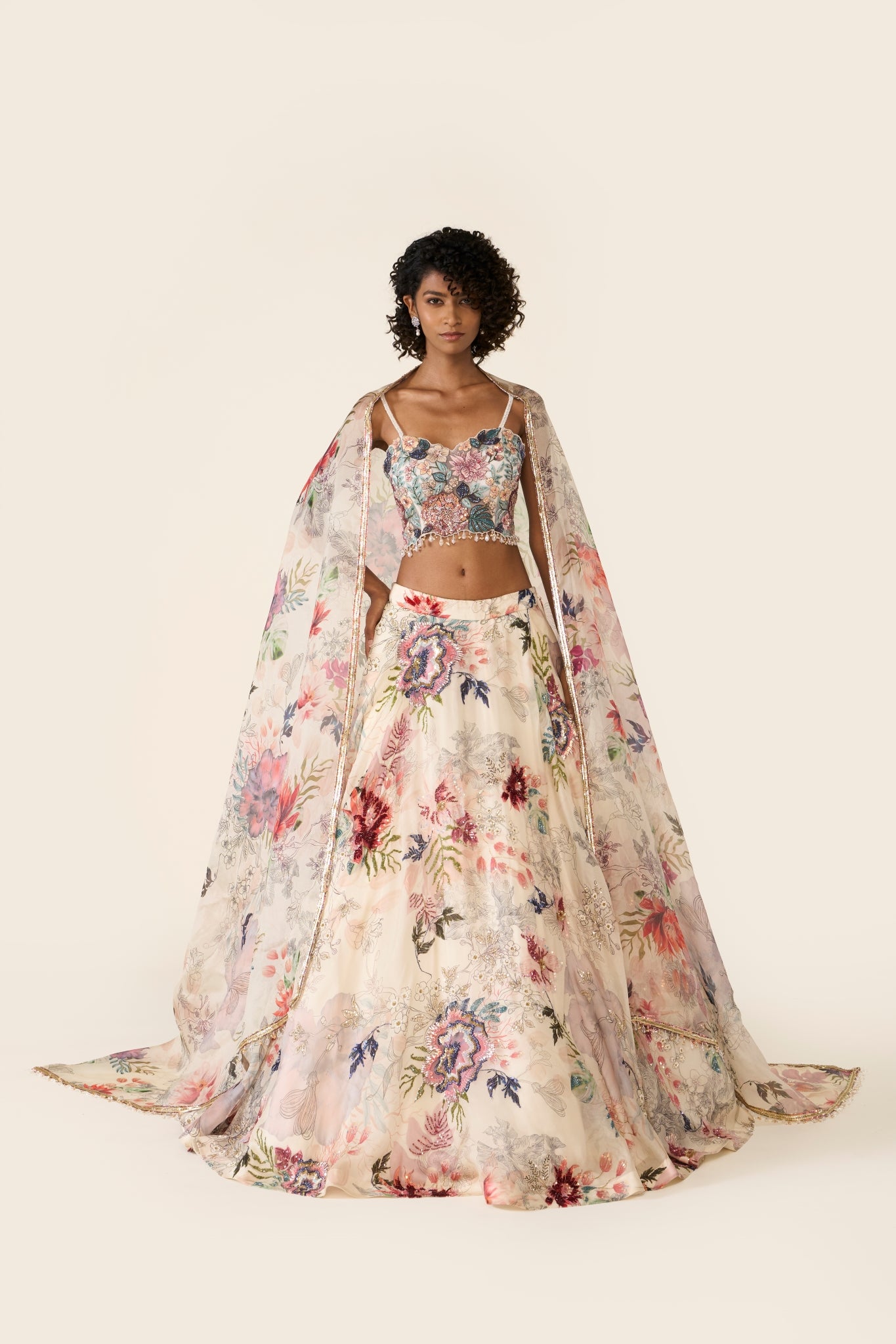 Ivory Printed Organza Lehenga Set