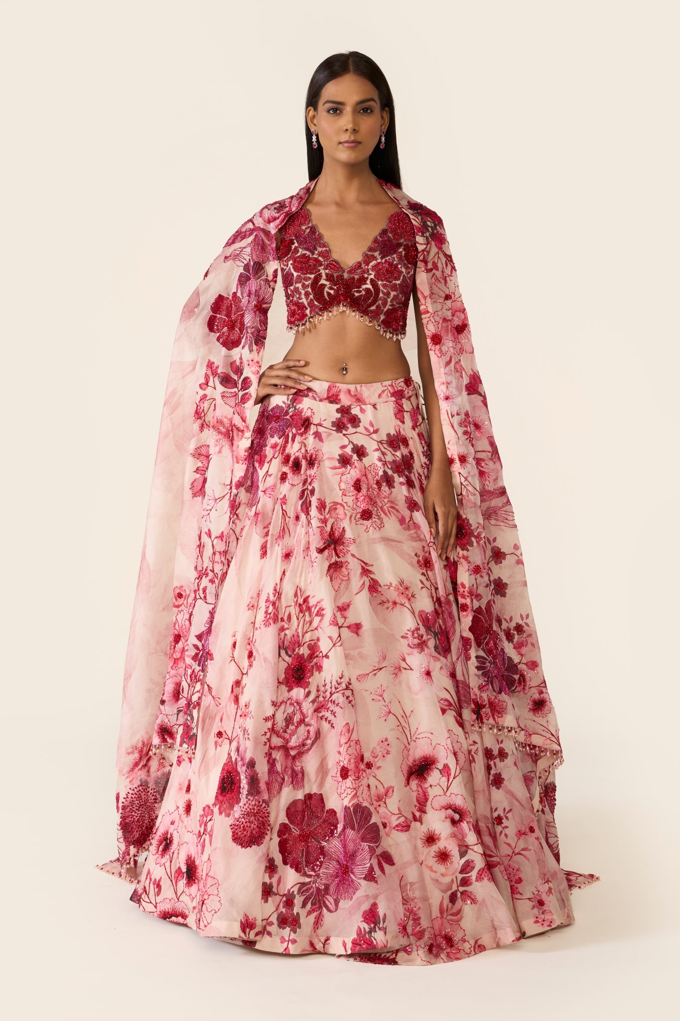 Pink Printed Organza Lehenga Set