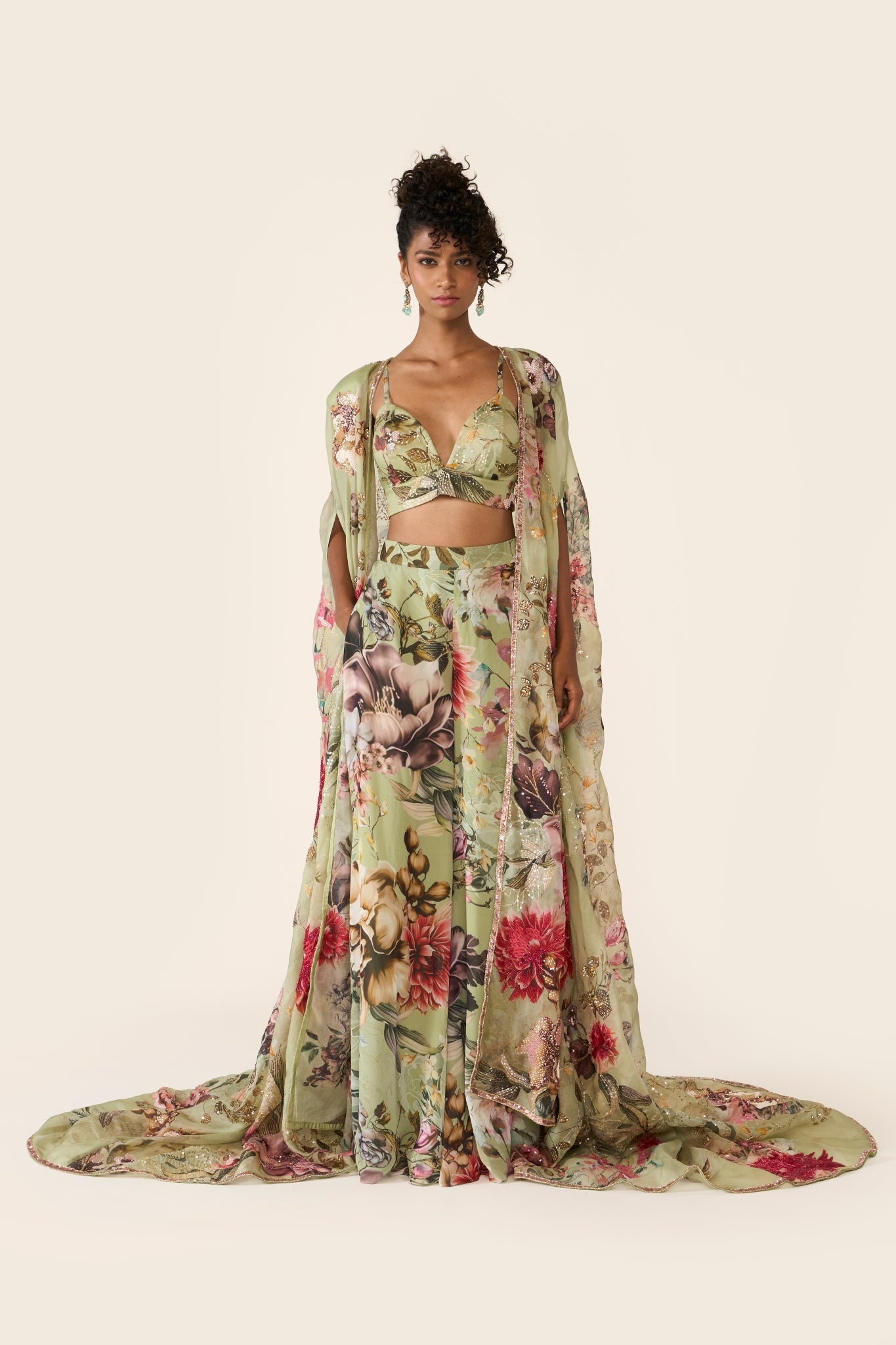 Green Printed Cape Set