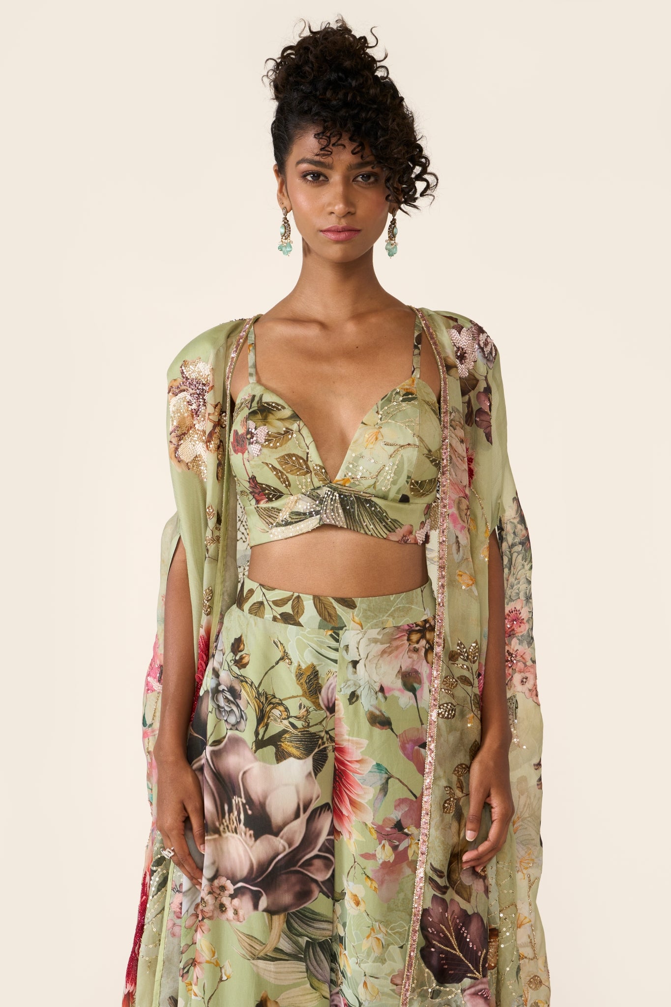 Green Printed Cape Set