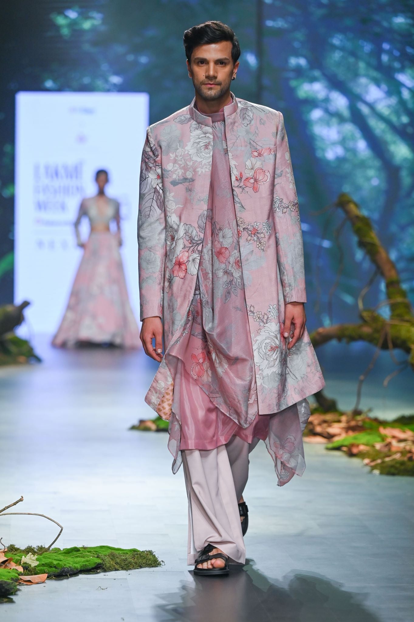 BEIGE & PINK PRINTED SHERWANI SET