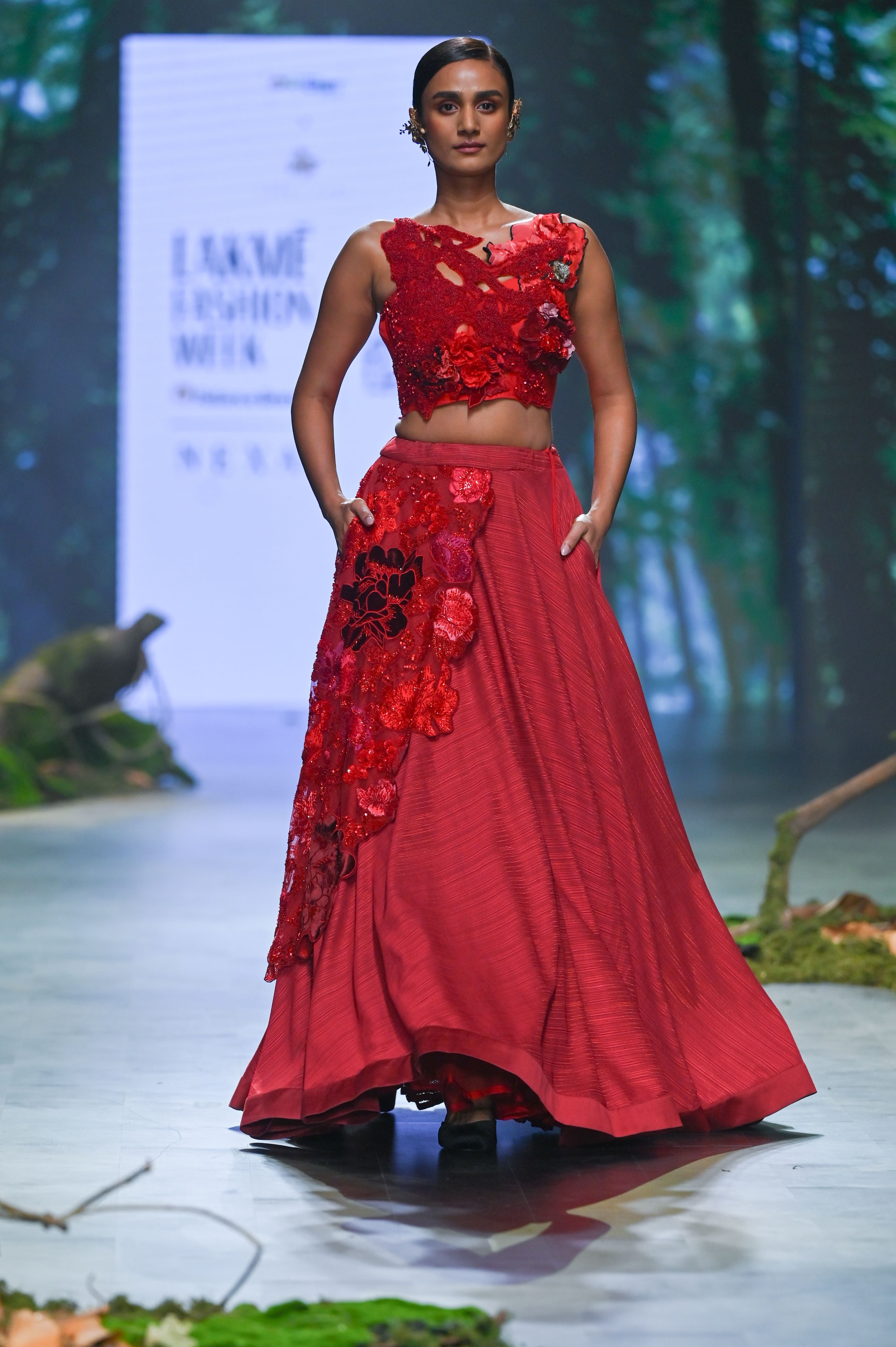 RED EMBROIDERED LEHENGA SET