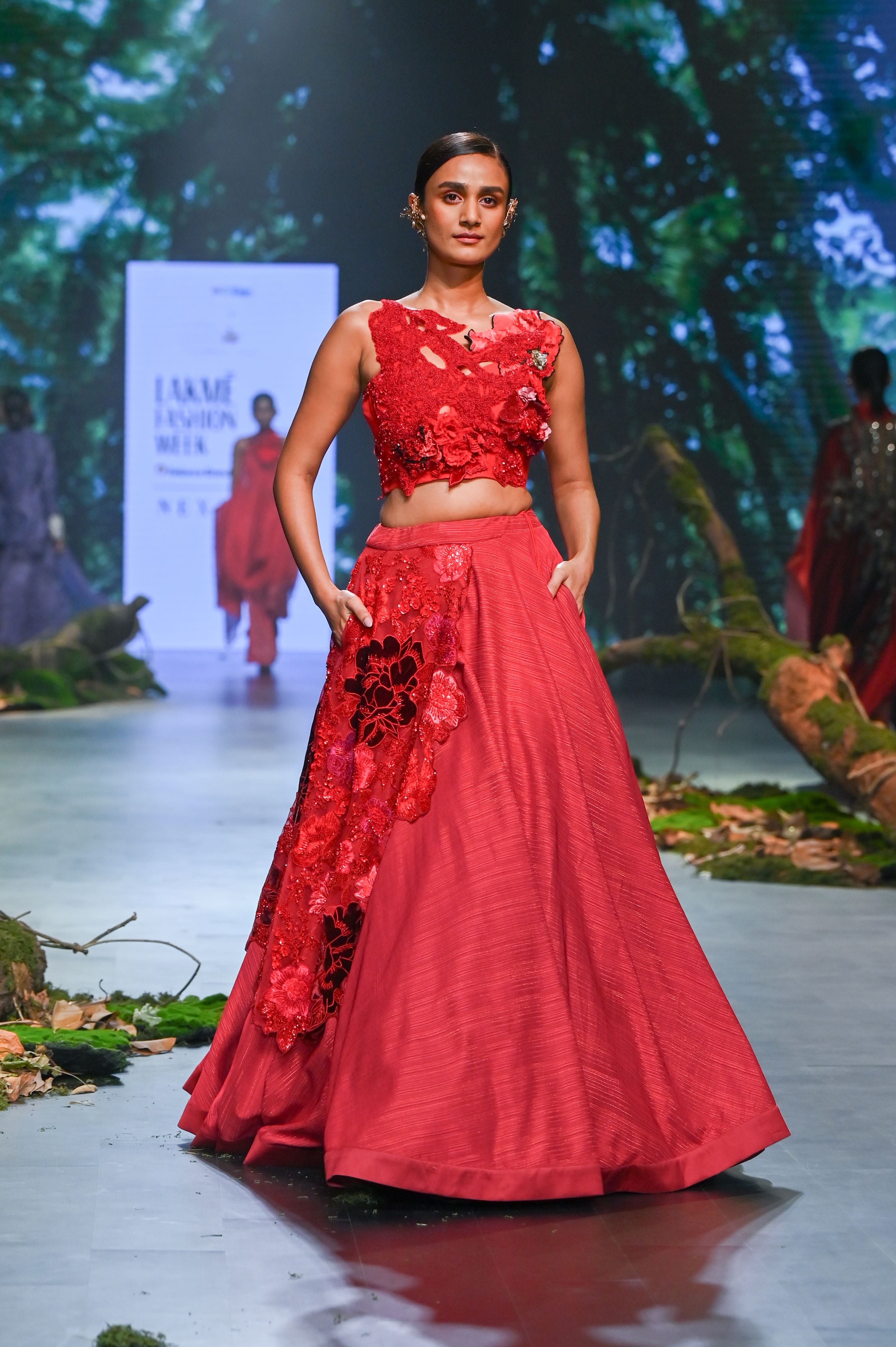 Red Asymmetric Embroidered Lehenga Set