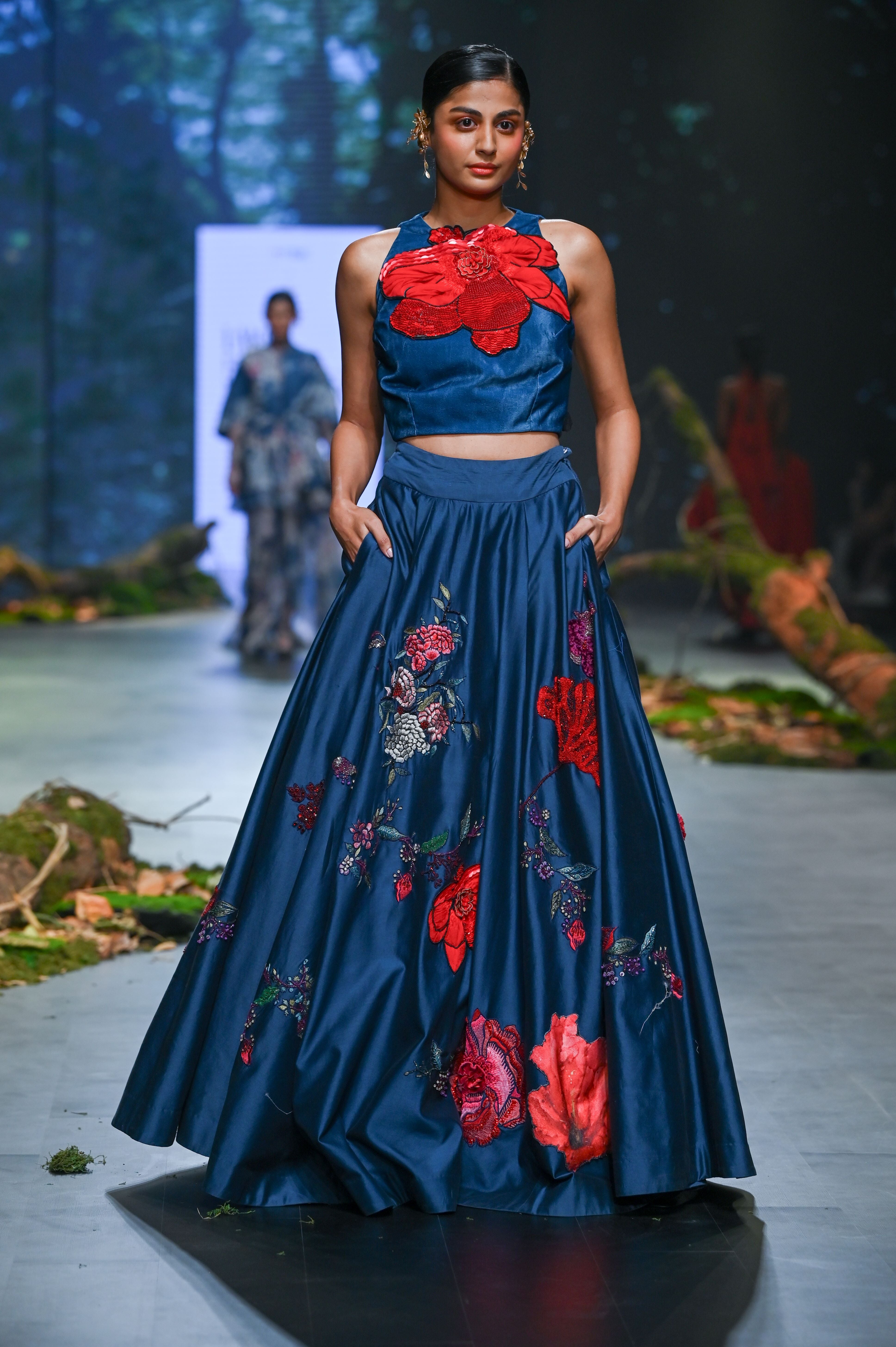 Blue Chanderi Embroidered Lehenga Set