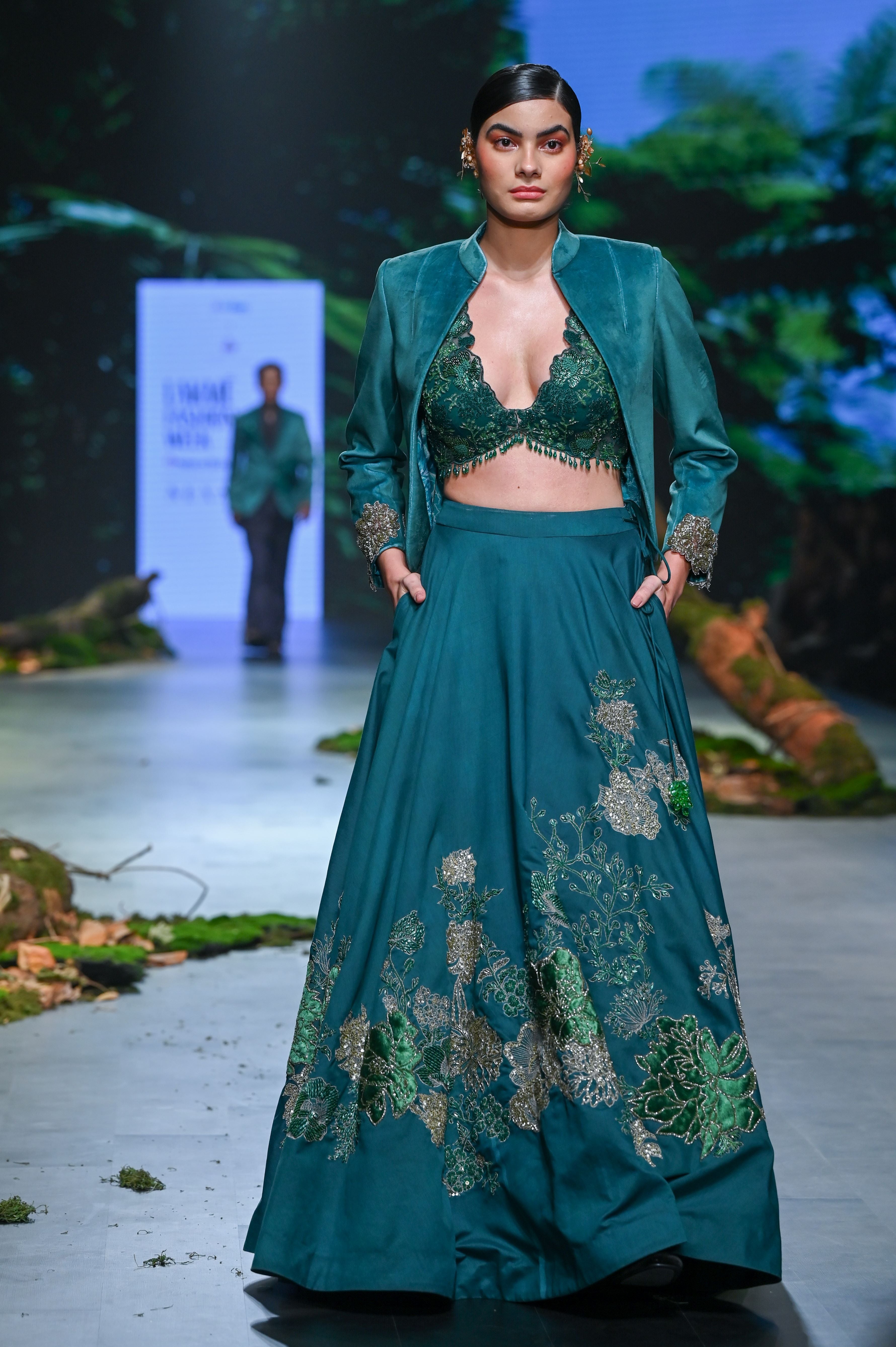 BOTTLE GREEN EMBROIDERED LEHENGA SET