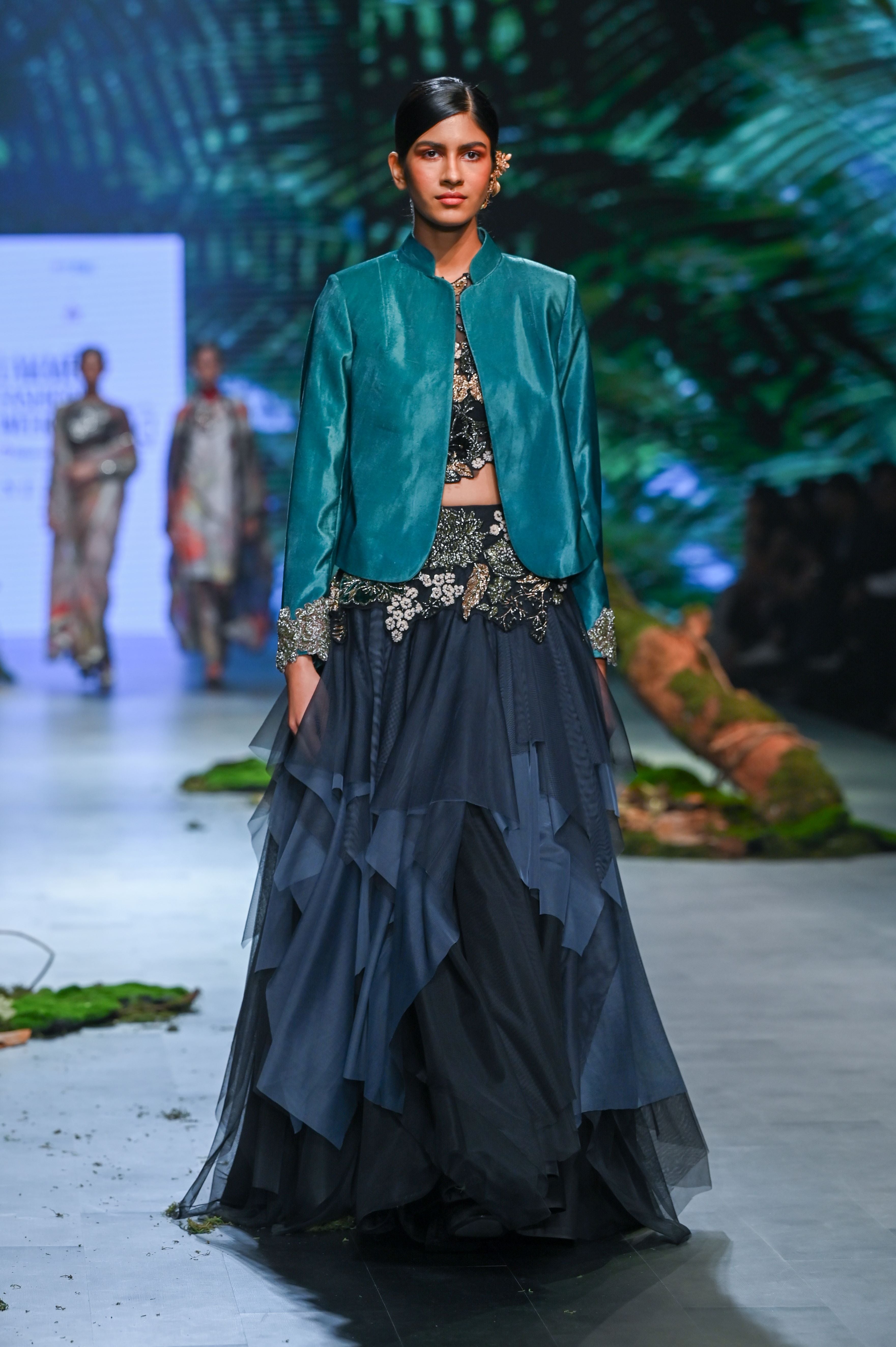 Black Embroidered Asymmetric Lehenga Set With Jacket