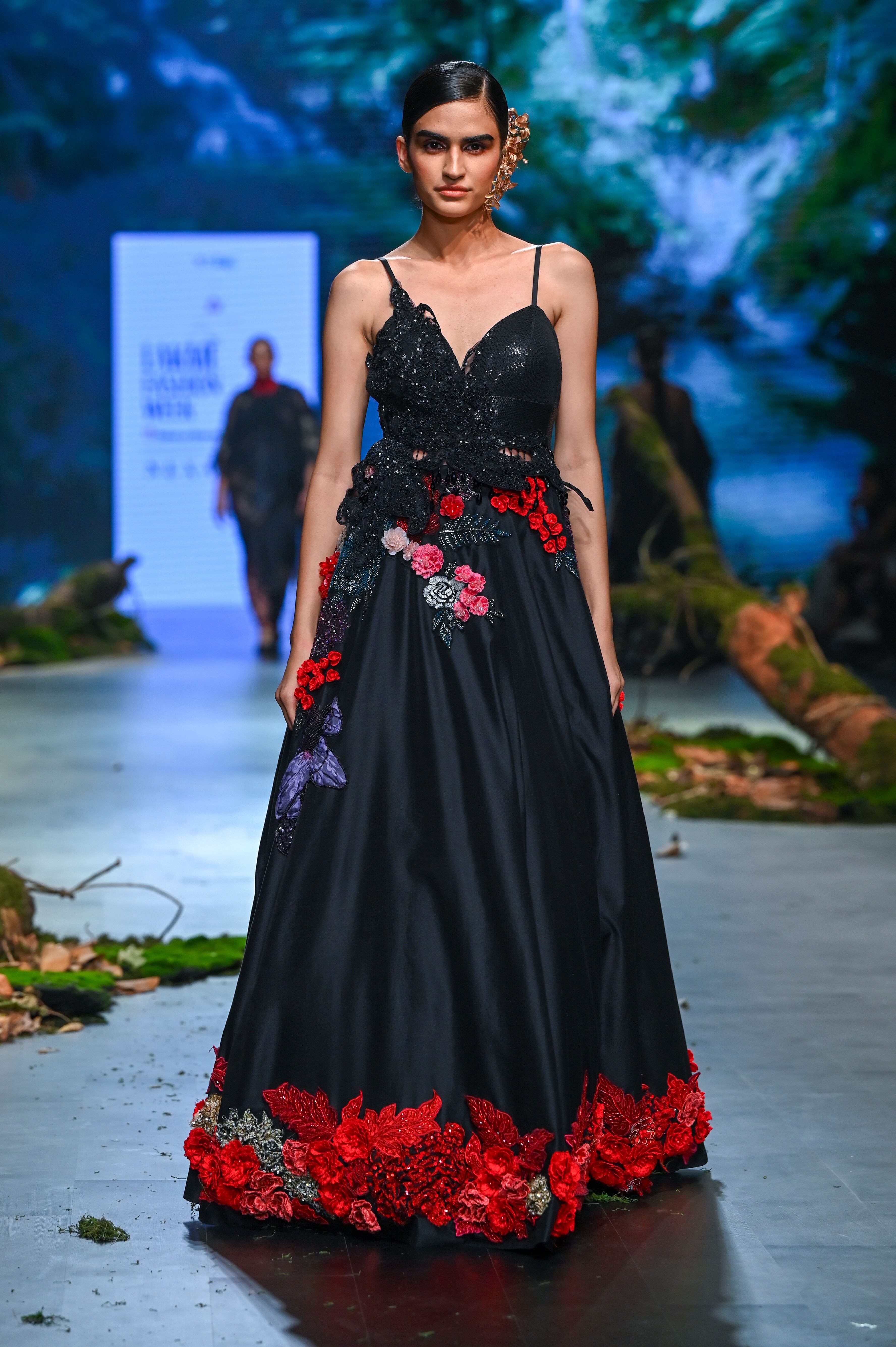 Black Chanderi Floral Lehenga Set