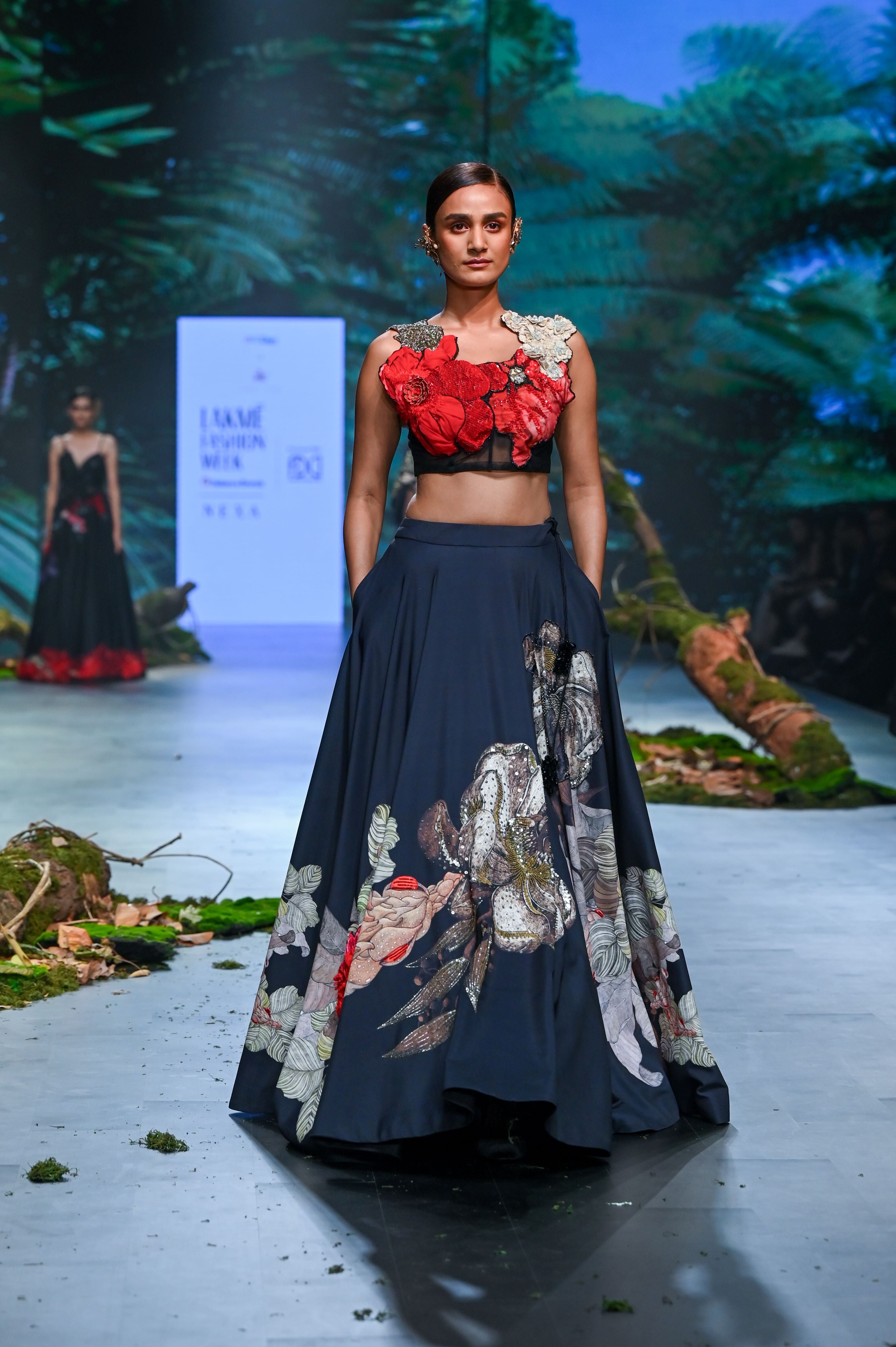 BLACK PRINTED AND EMBROIDERED LEHENGA SET