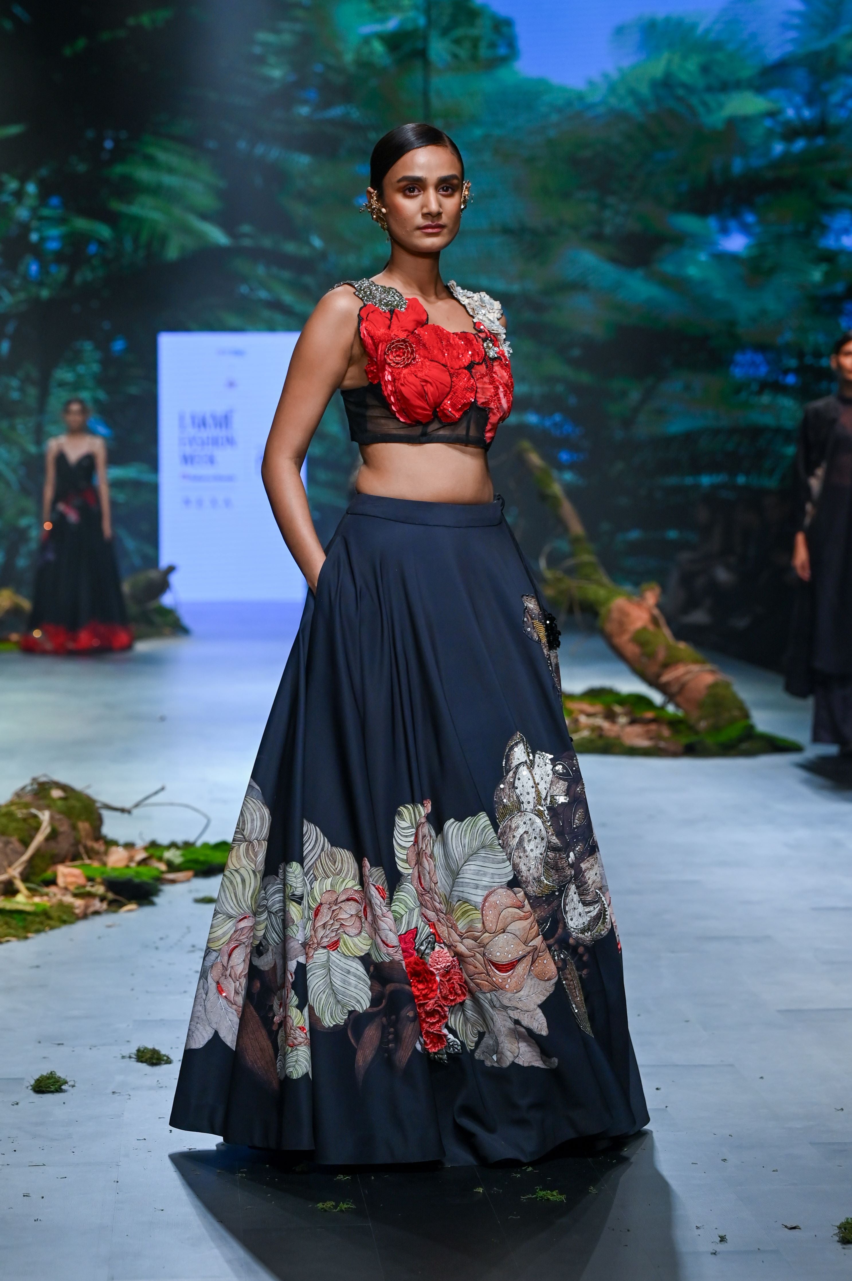 Black Chanderi Printed Lehenga Set
