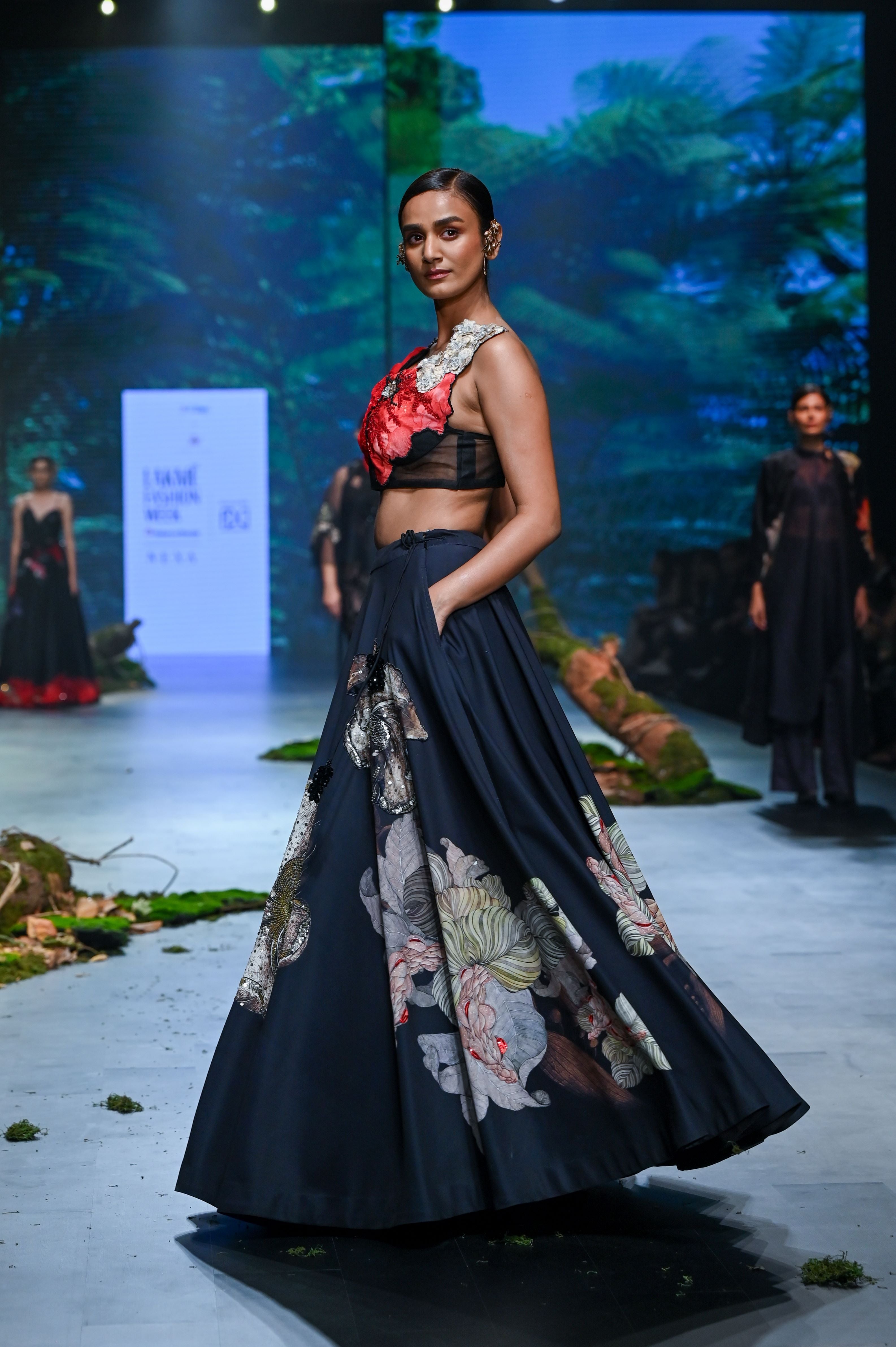 BLACK PRINTED AND EMBROIDERED LEHENGA SET