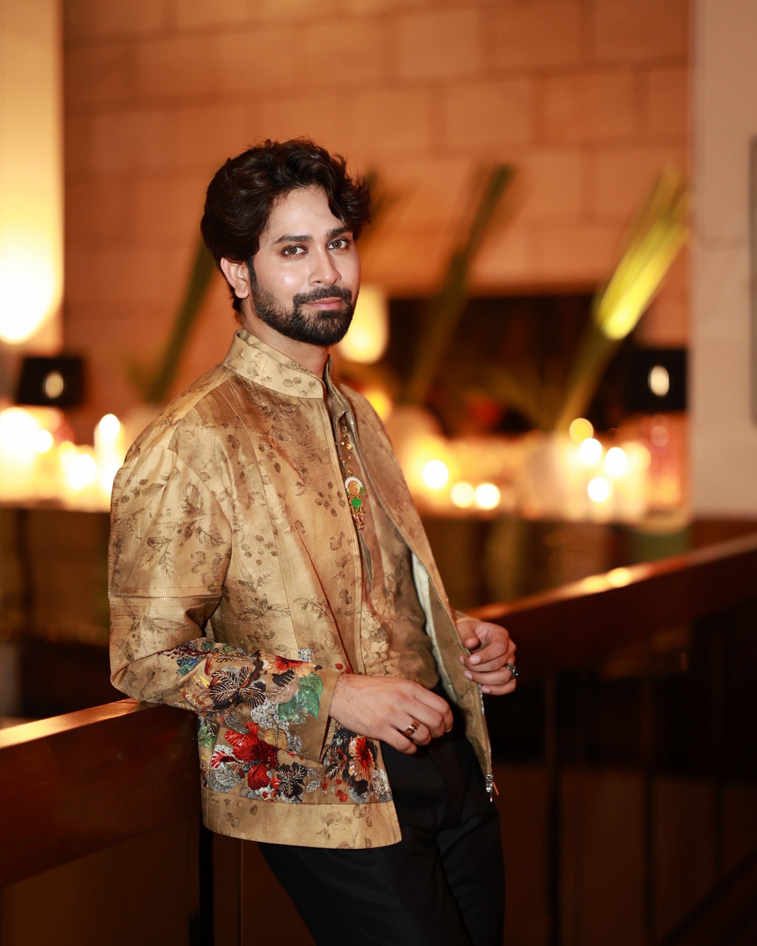 ANKUSH BAHUGUNA IN BEIGE BOMBER JACKET SET