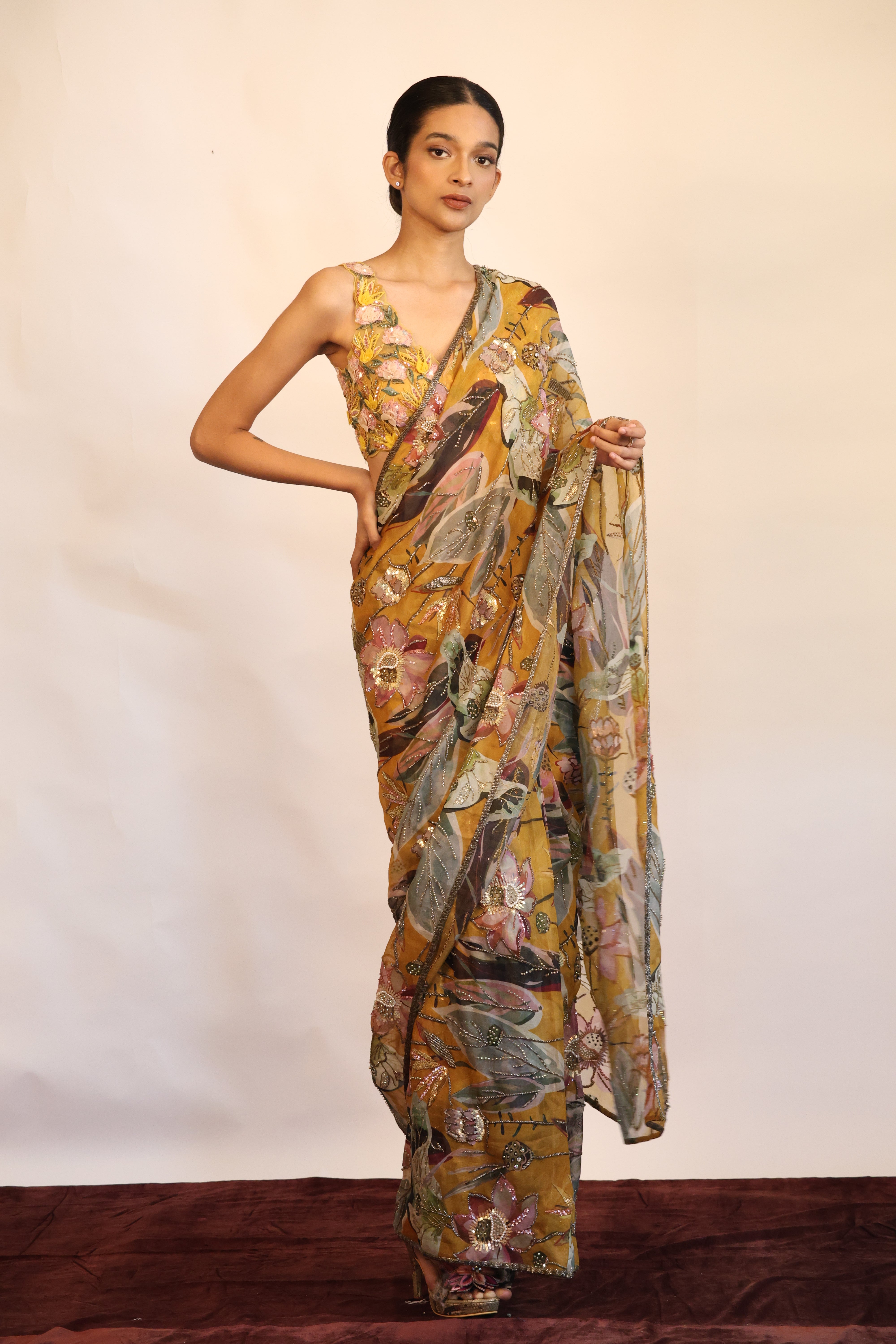 Print & Embroidered Saree Set