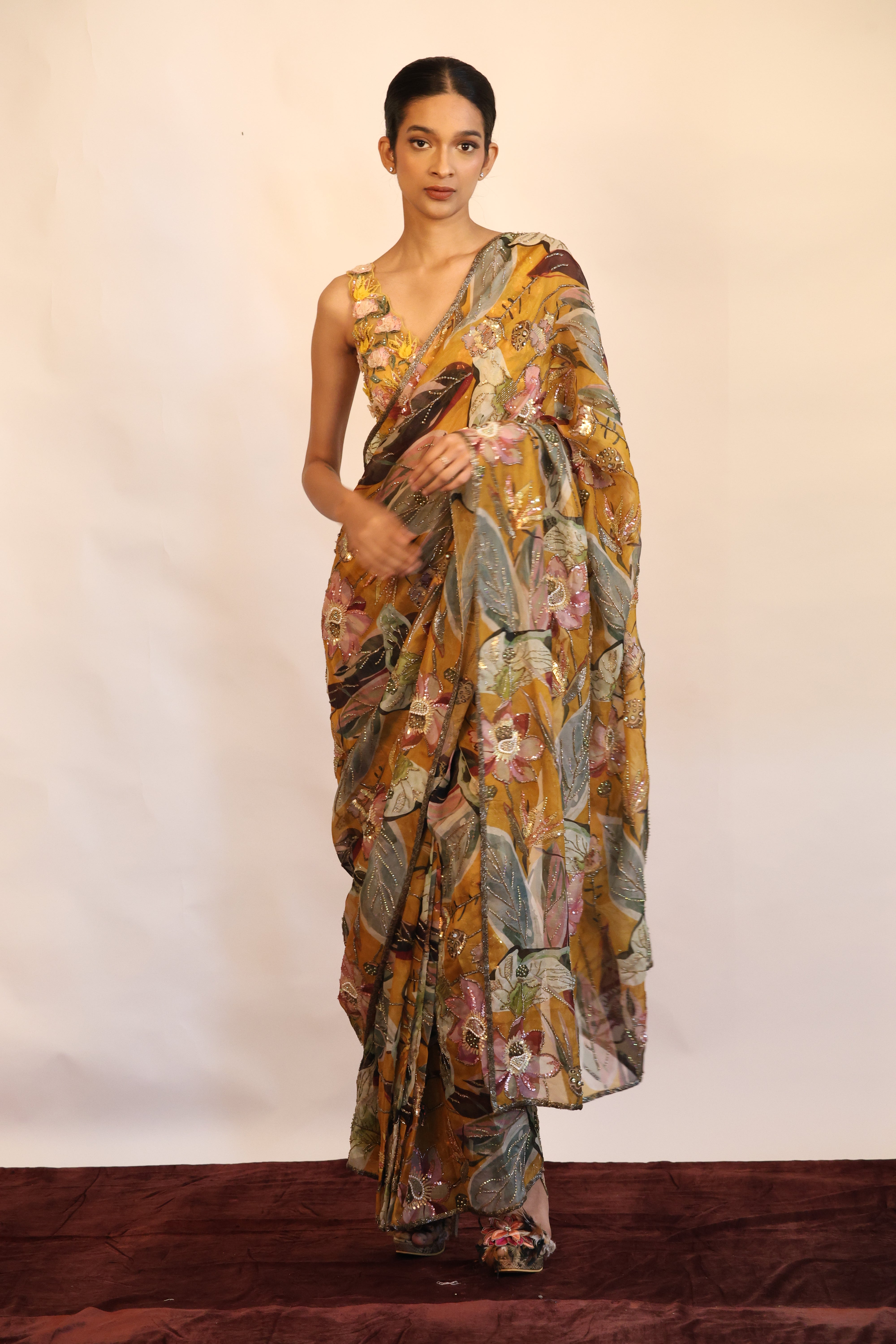 Print & Embroidered Saree Set
