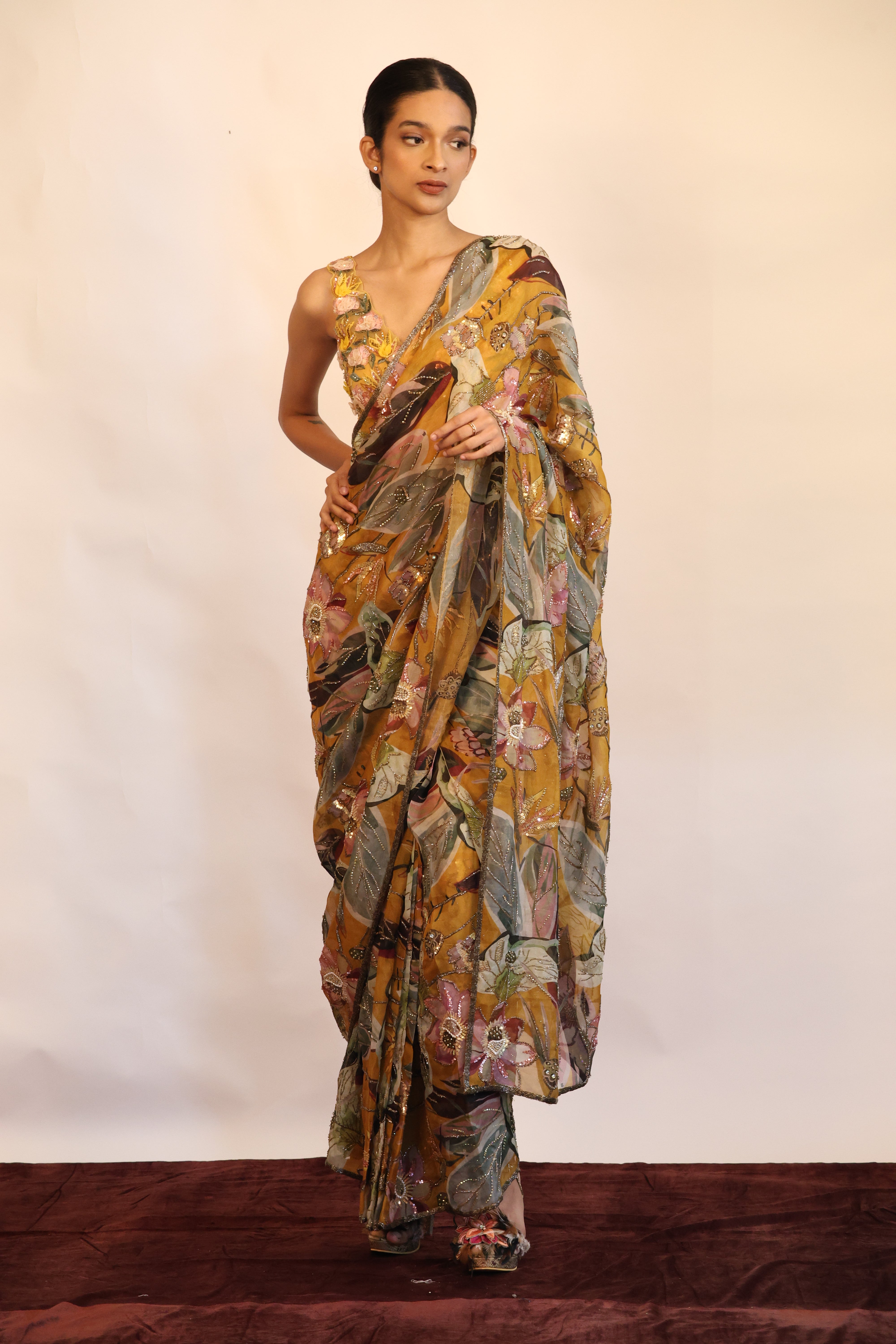 Print & Embroidered Saree Set