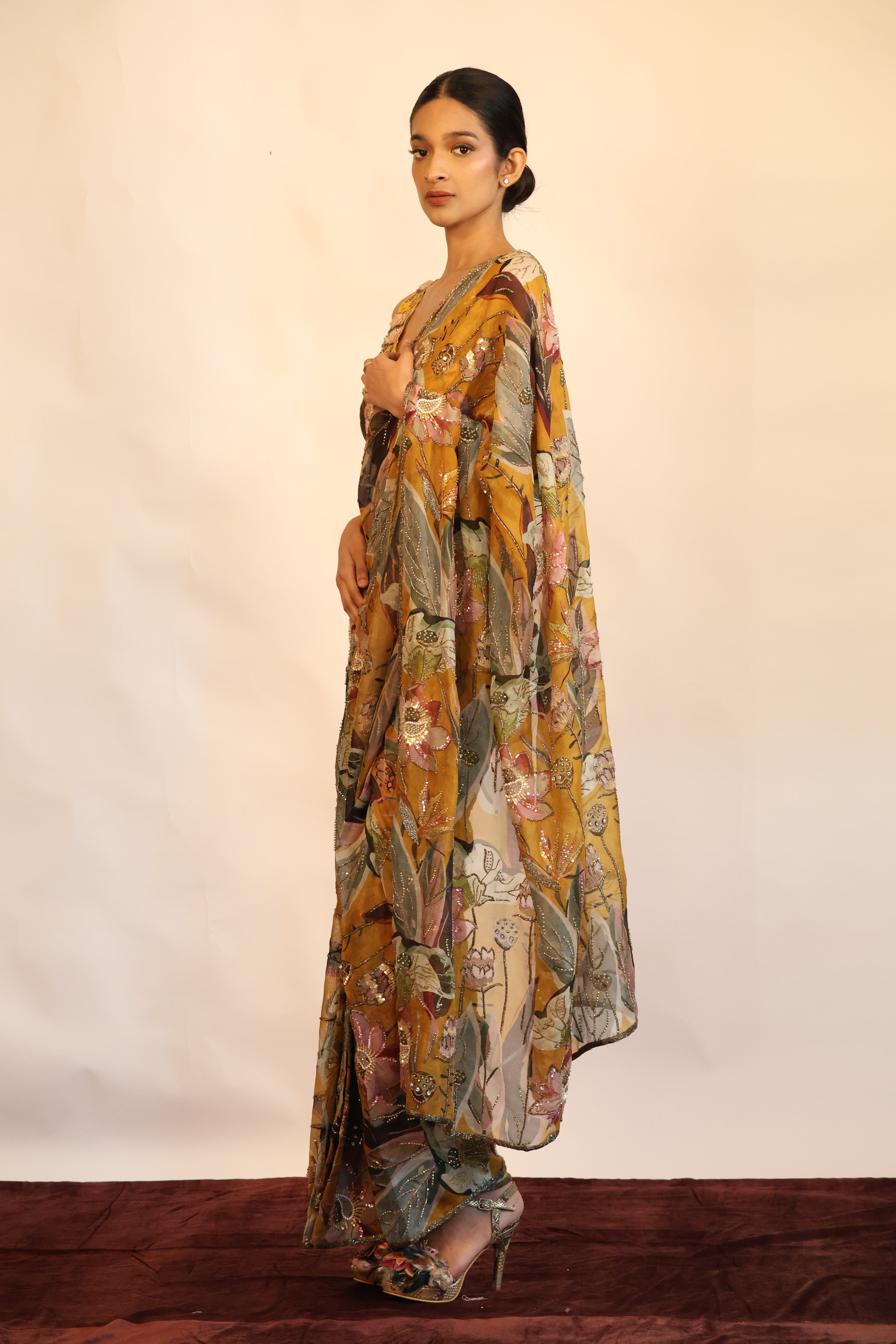 Print & Embroidered Saree Set