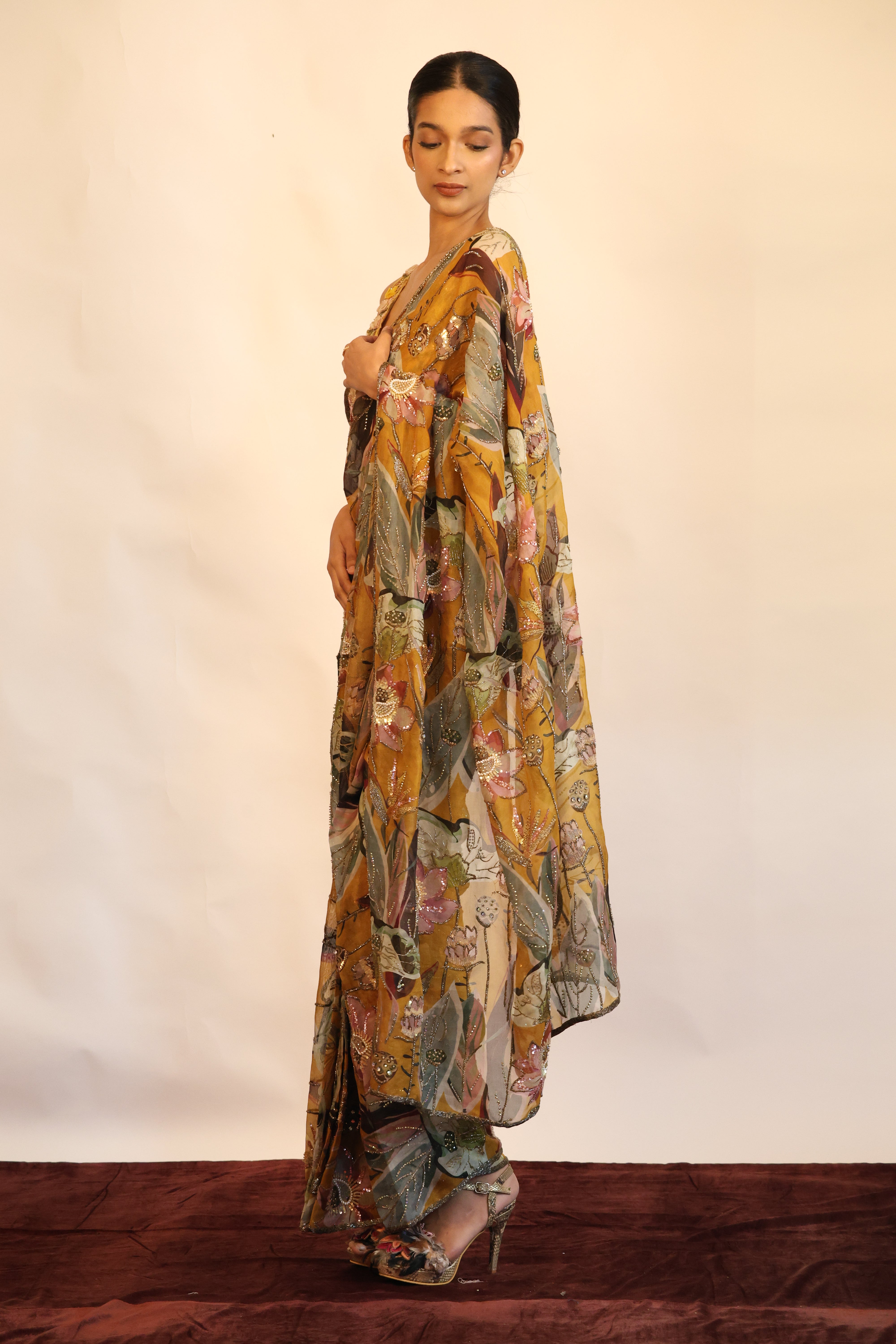 Print & Embroidered Saree Set