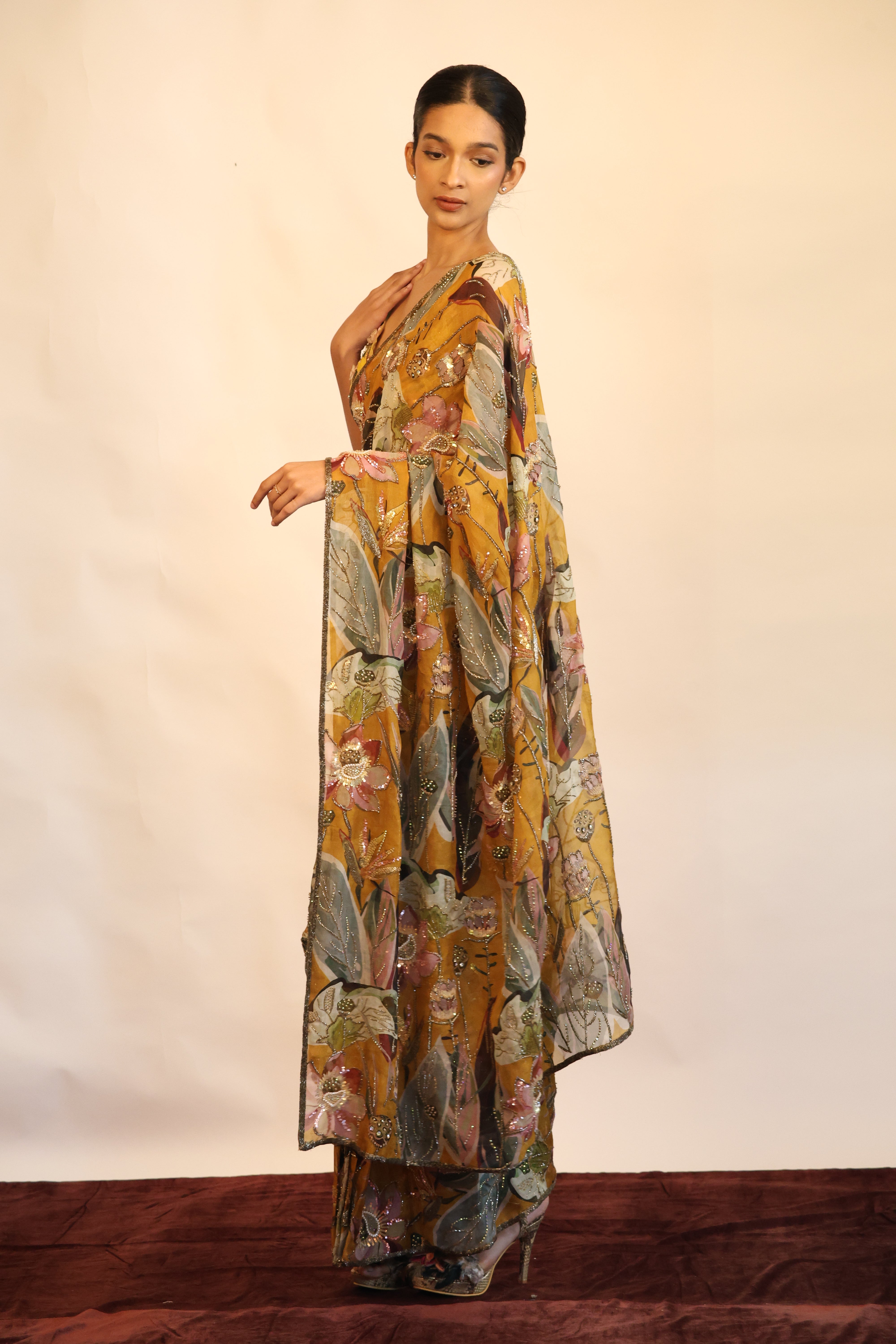 Print & Embroidered Saree Set