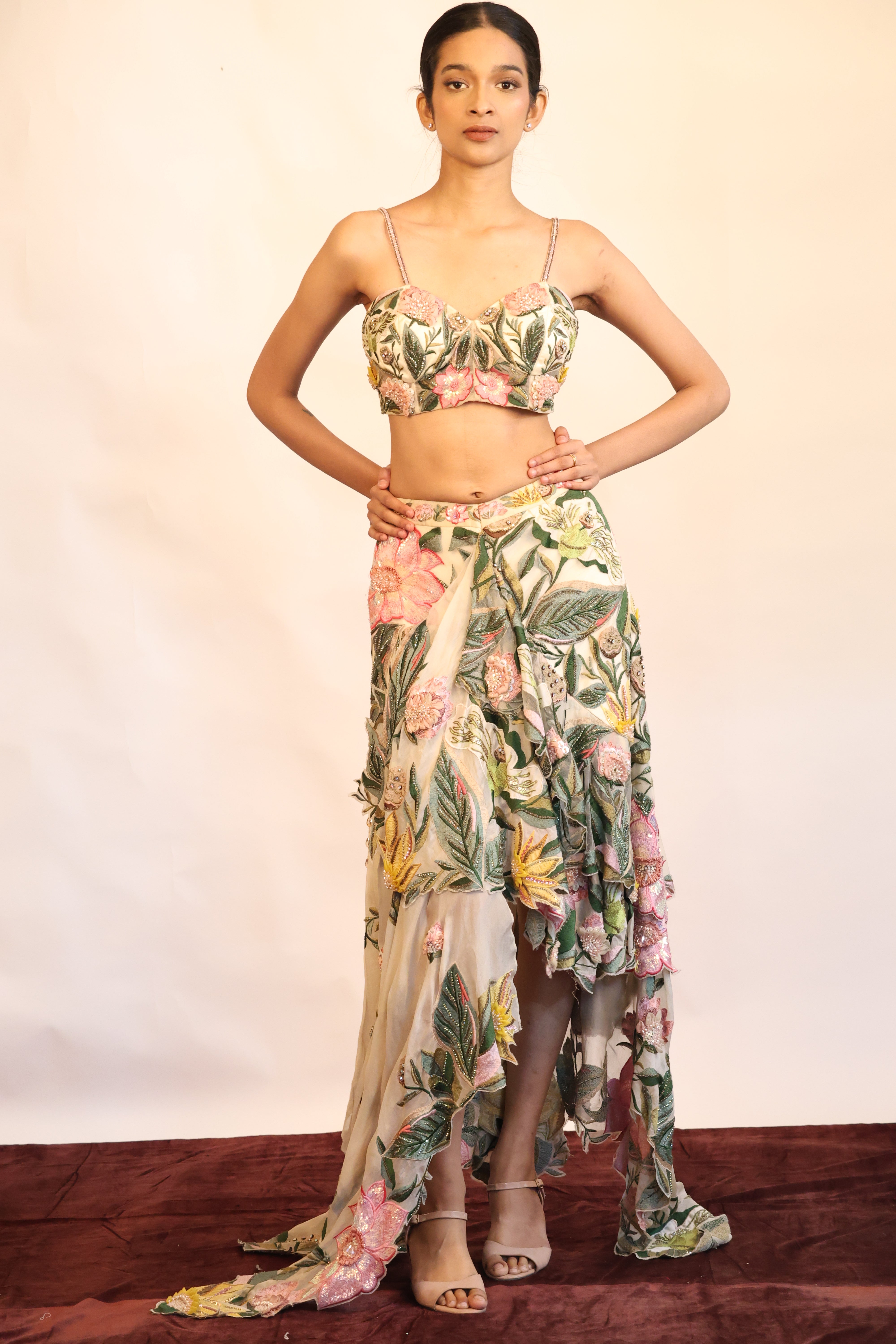 Embroidered Asymmetric Skirt Set