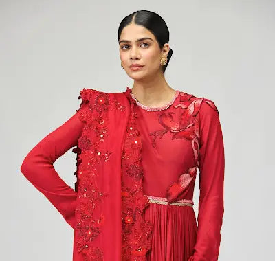 RED OPARA SILK ANARKALI SET