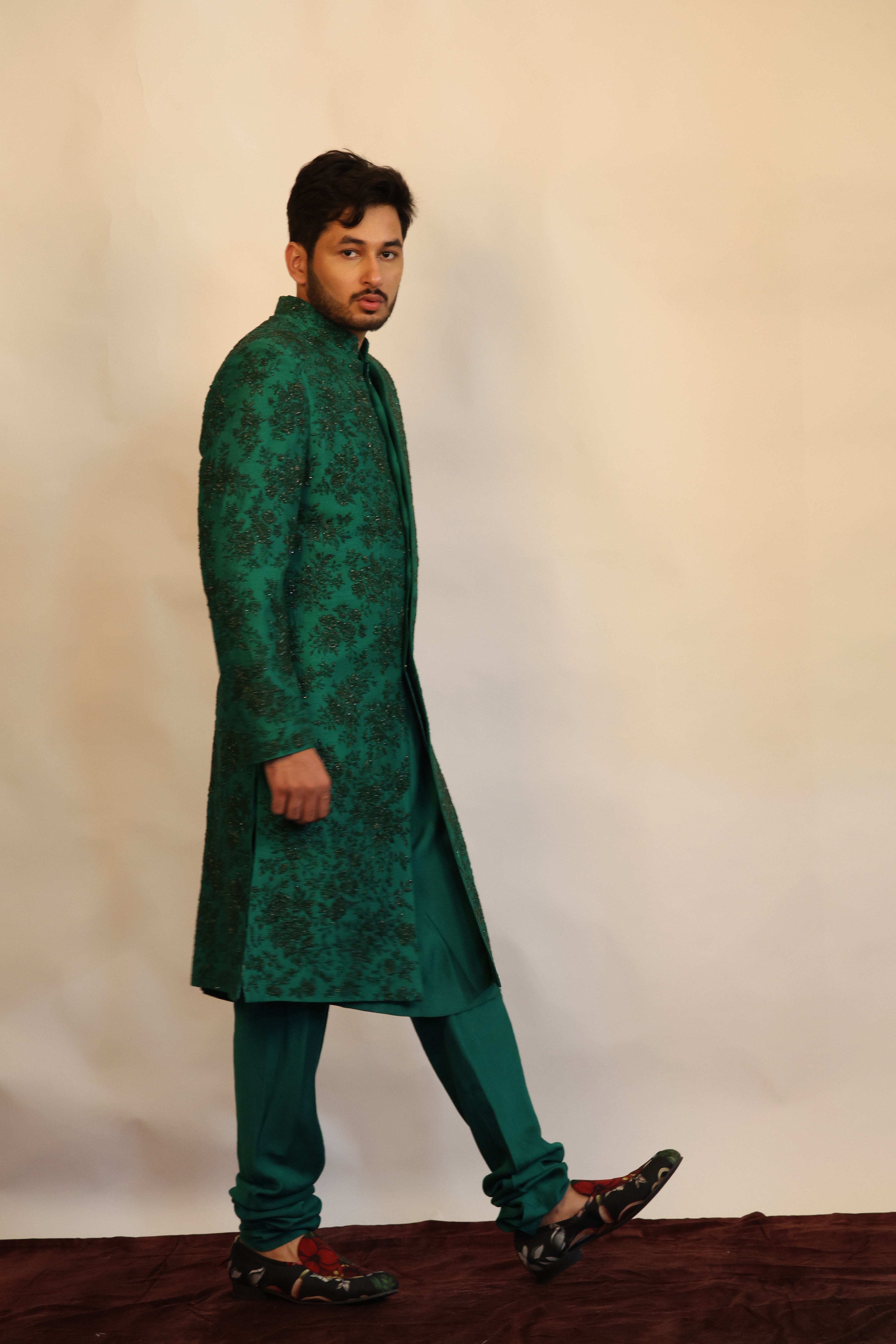 Green Embellished Sherwani Set