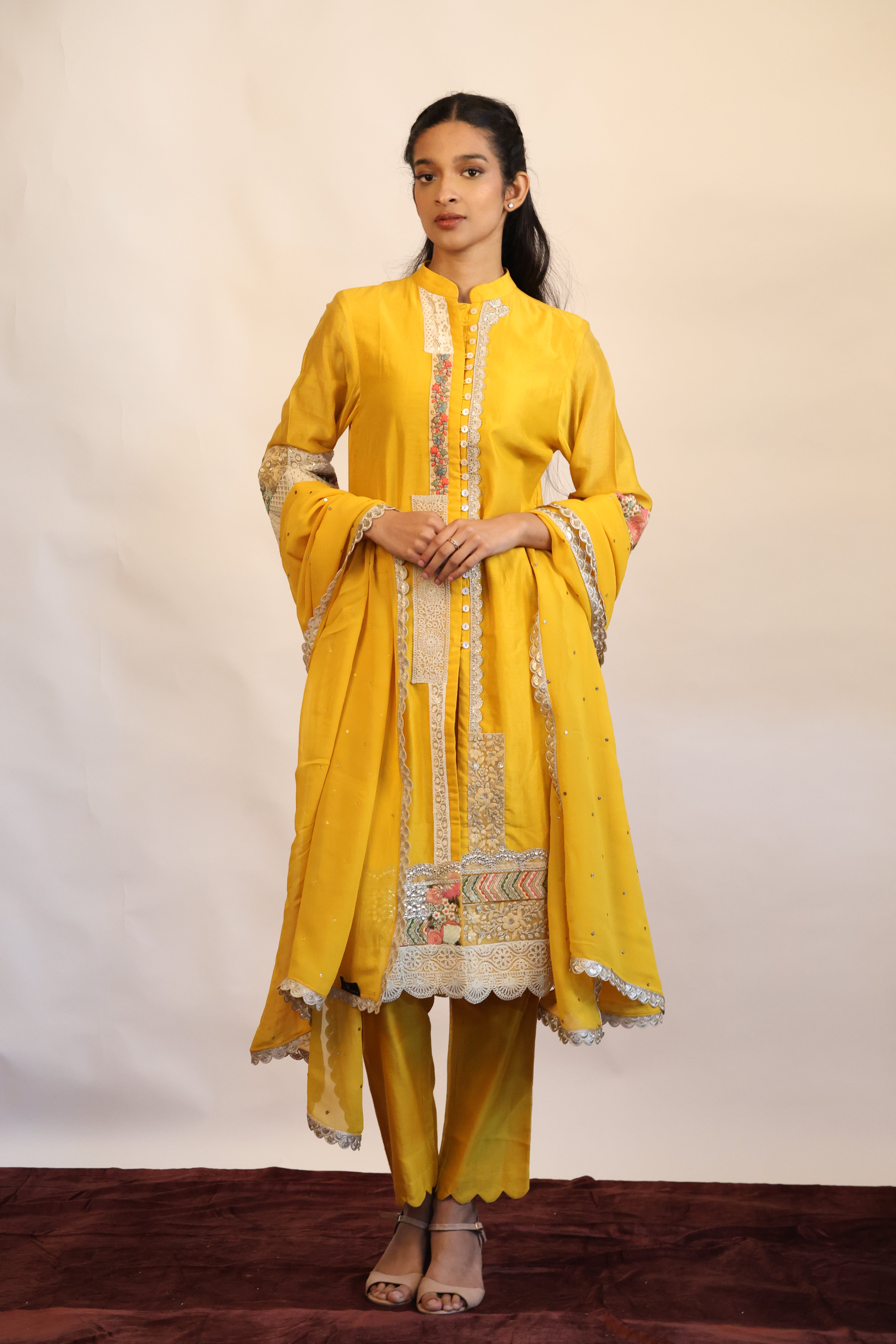 Mustard Mandarin Collared Kurta Set