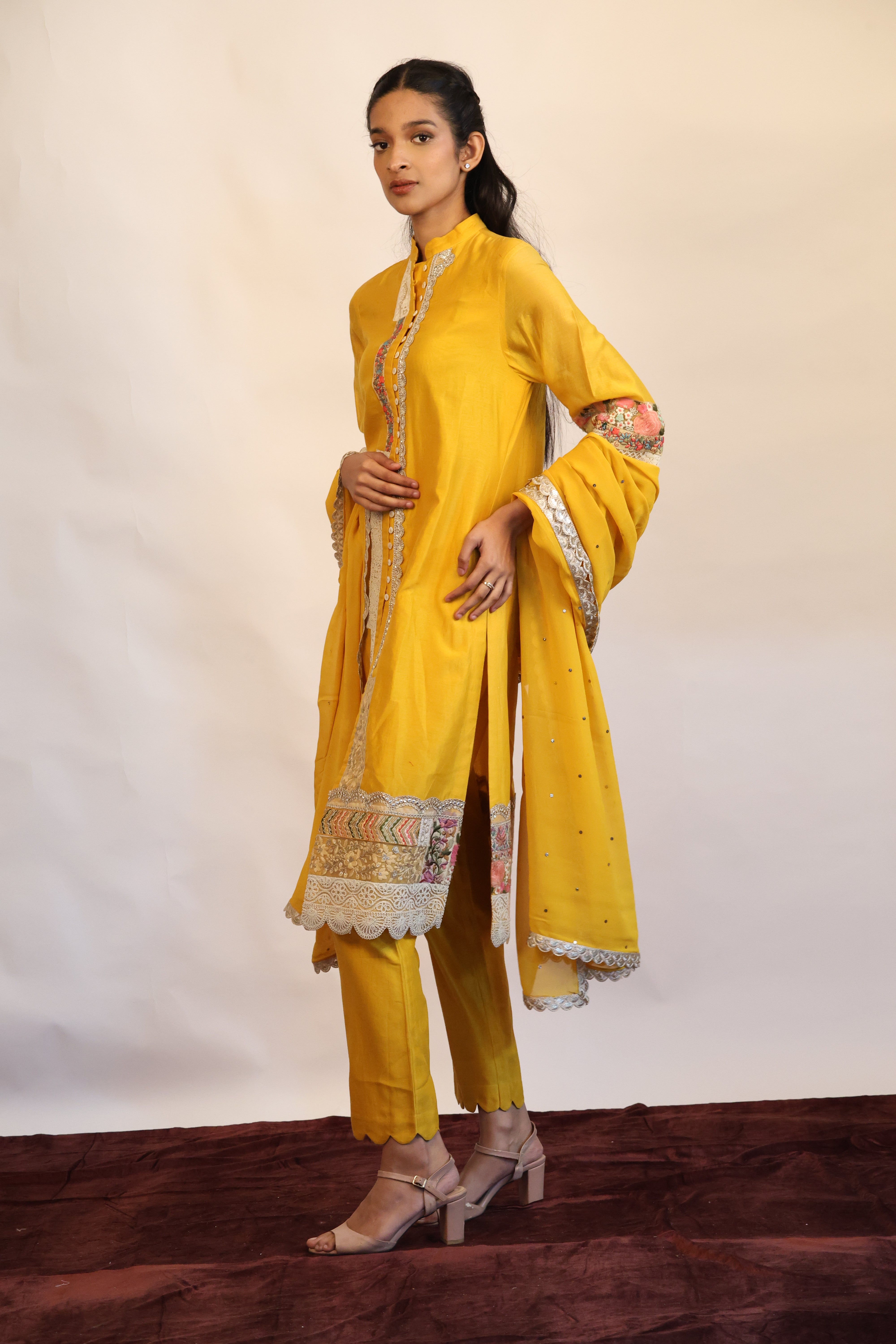 Mustard Mandarin Collared Kurta Set