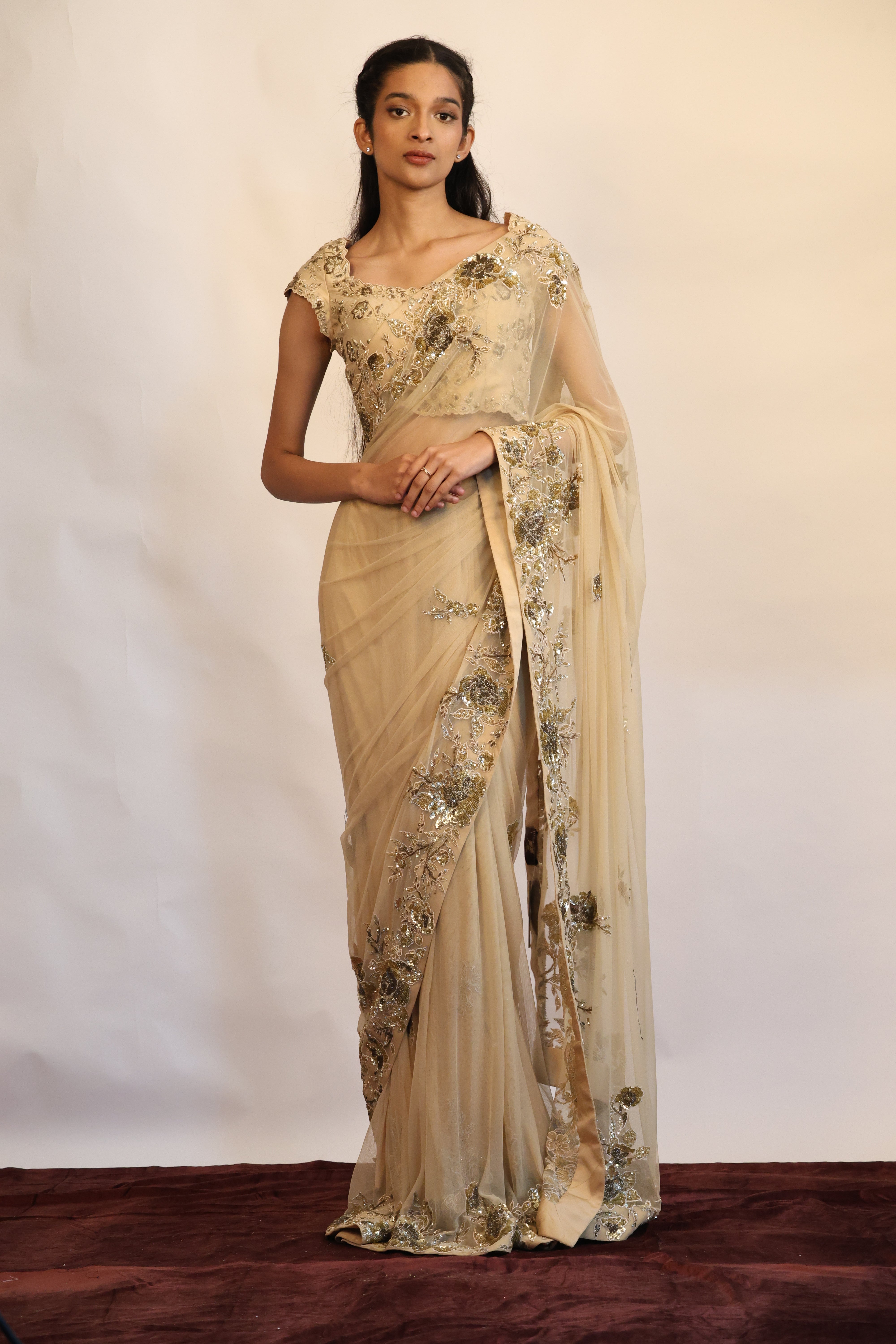 Sheer Embroidered Saree Set
