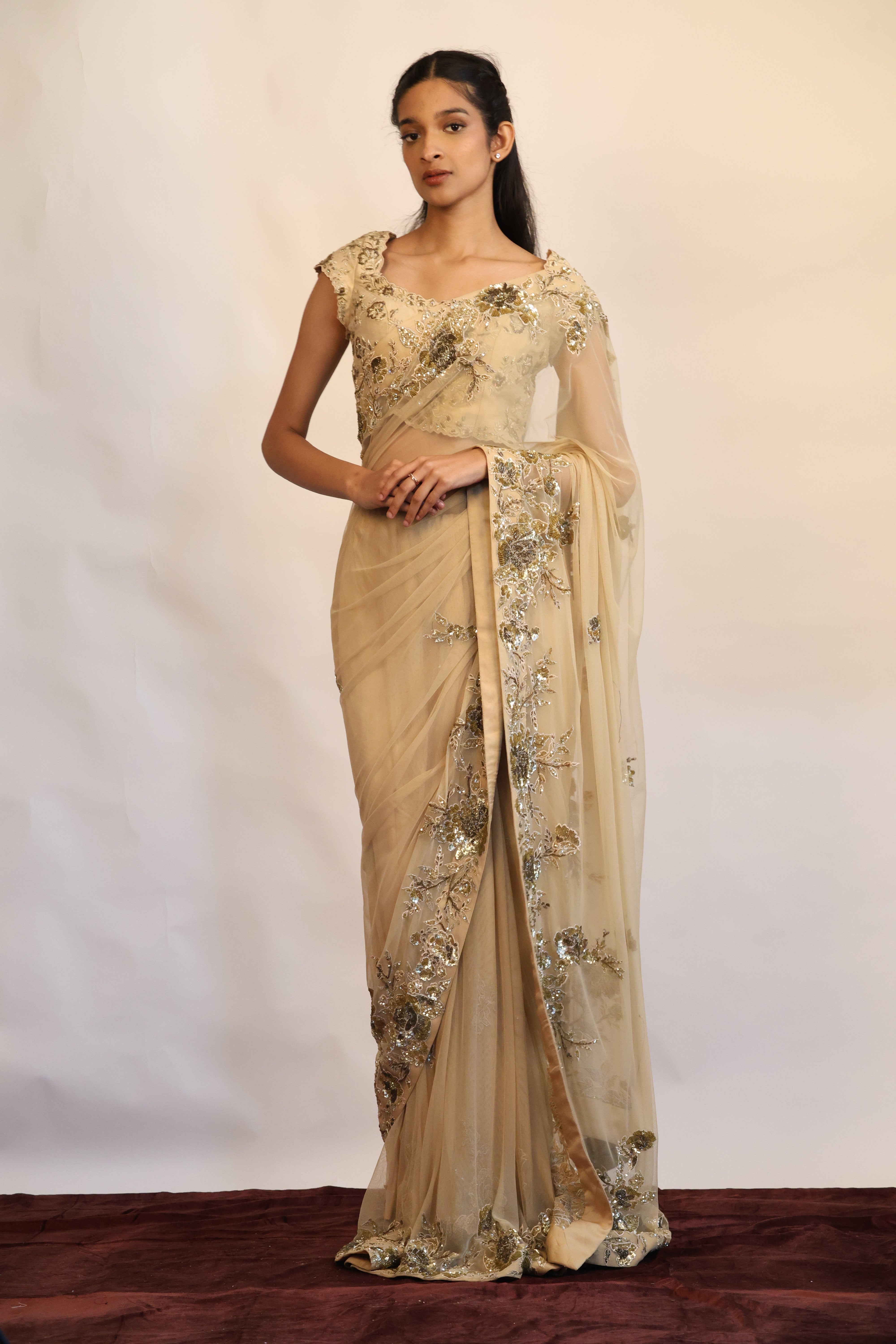 Sheer Embroidered Saree Set