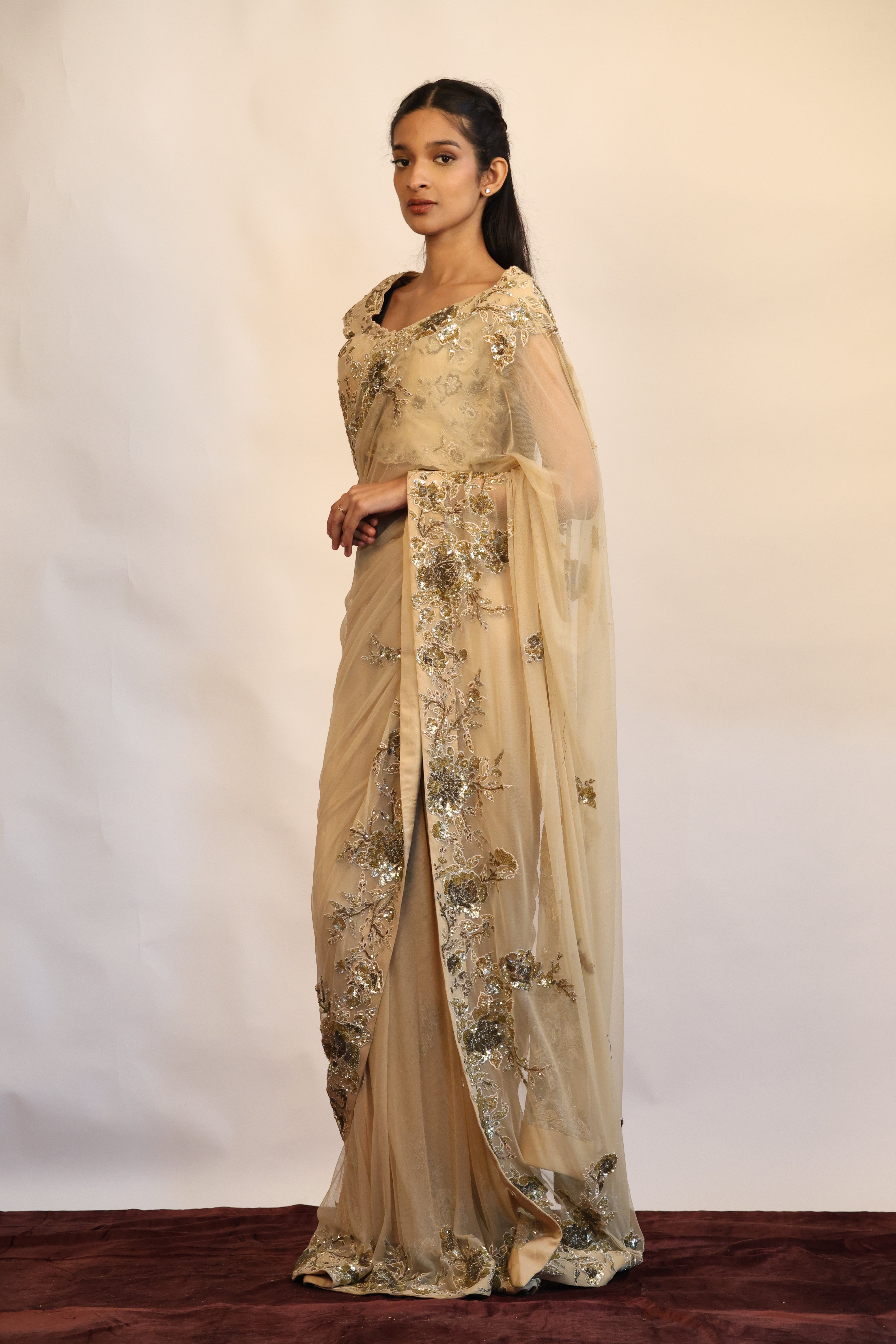 Sheer Embroidered Saree Set