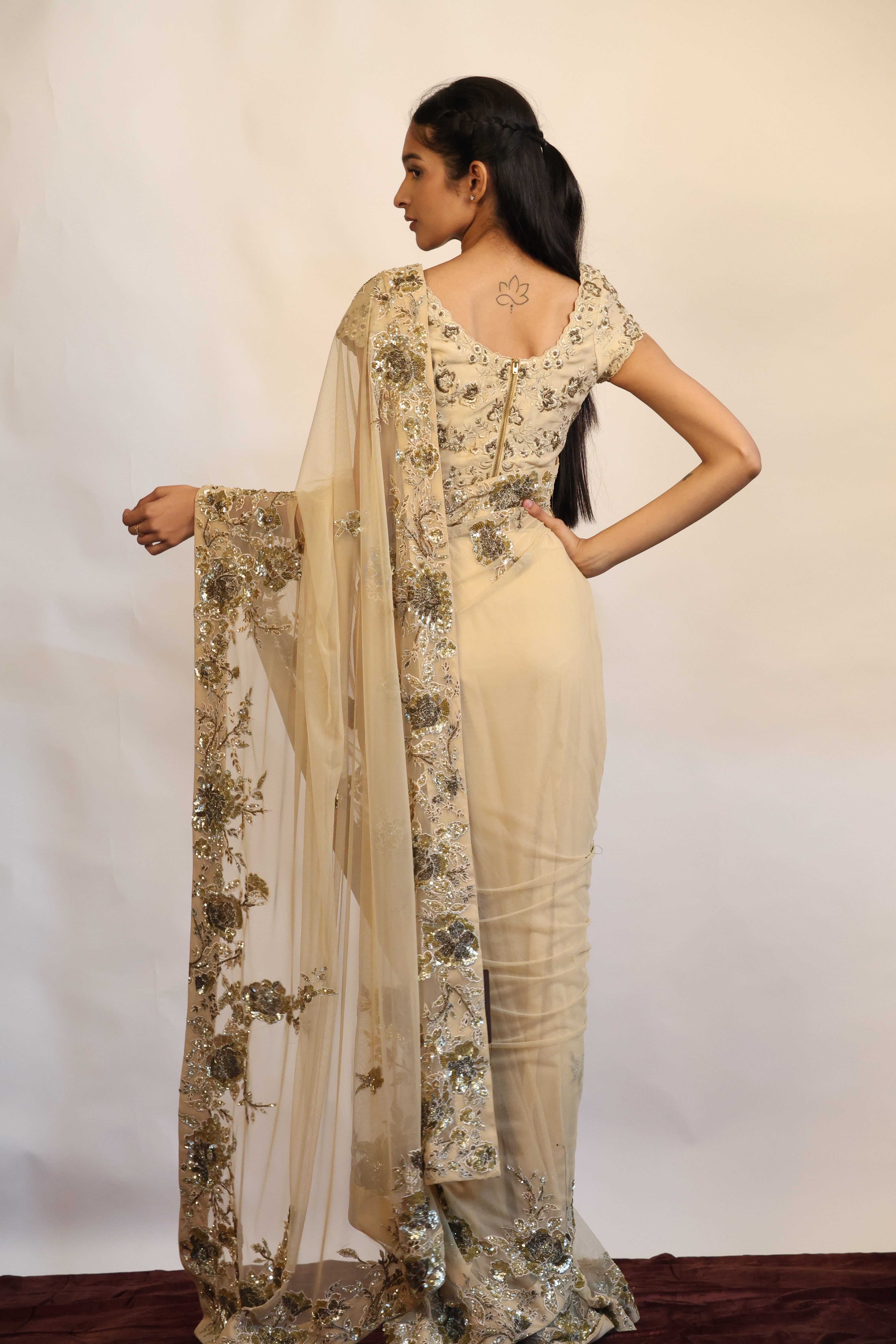 Sheer Embroidered Saree Set
