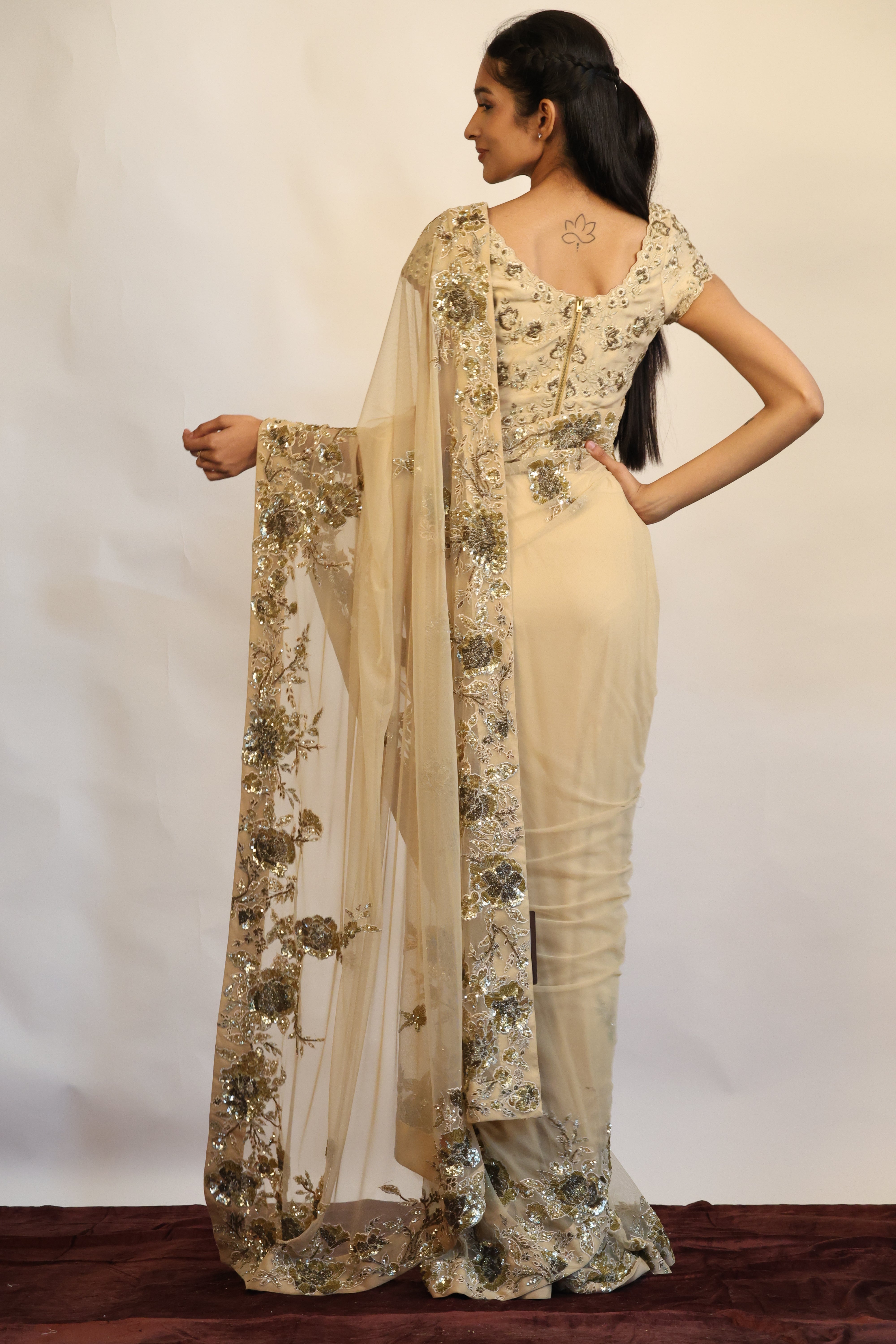 Sheer Embroidered Saree Set